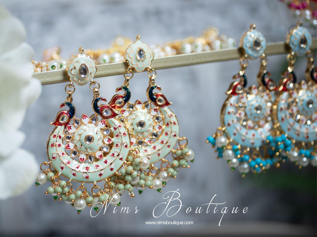 Nims Boutique Moorni Pastel Mint Meenakari Peacock Earrings