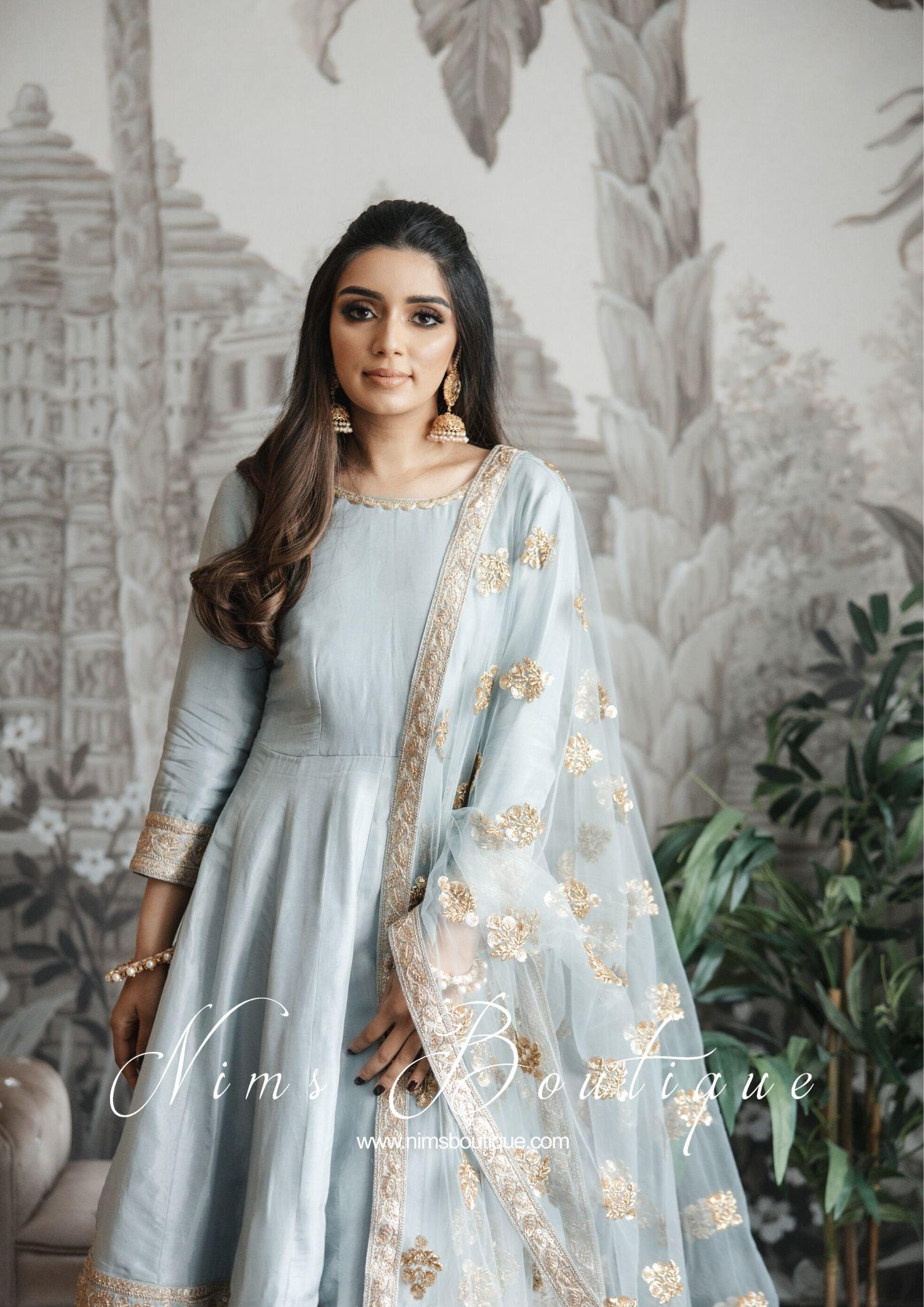 Nims Boutique Rashmi Luxury Grey Silk Anarkali Suit with Pajami size 6-8