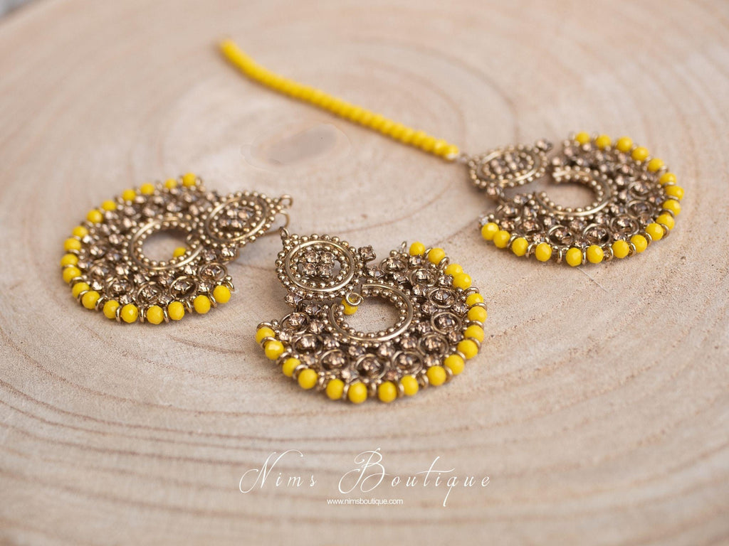 Nims Boutique Royal Dark Yellow & Gold Stone Chand Tikka Set