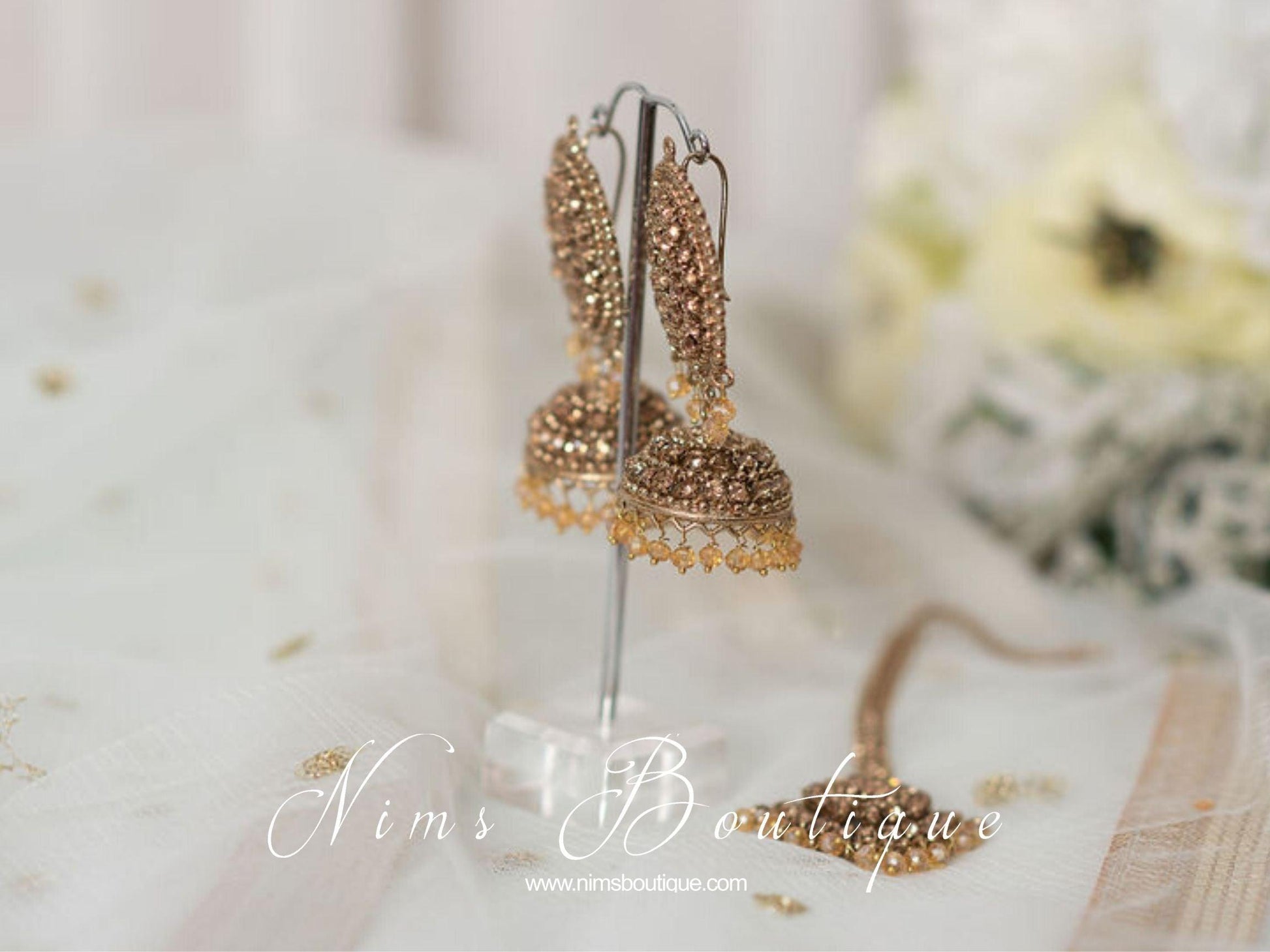 Nims Boutique Royal Antique Gold & Gold Stone Tikka Set