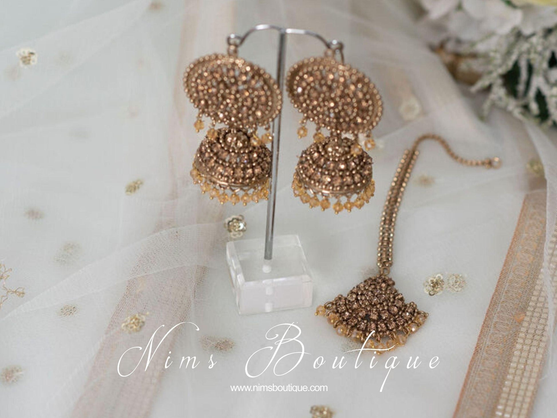 Nims Boutique Royal Antique Gold & Gold Stone Tikka Set