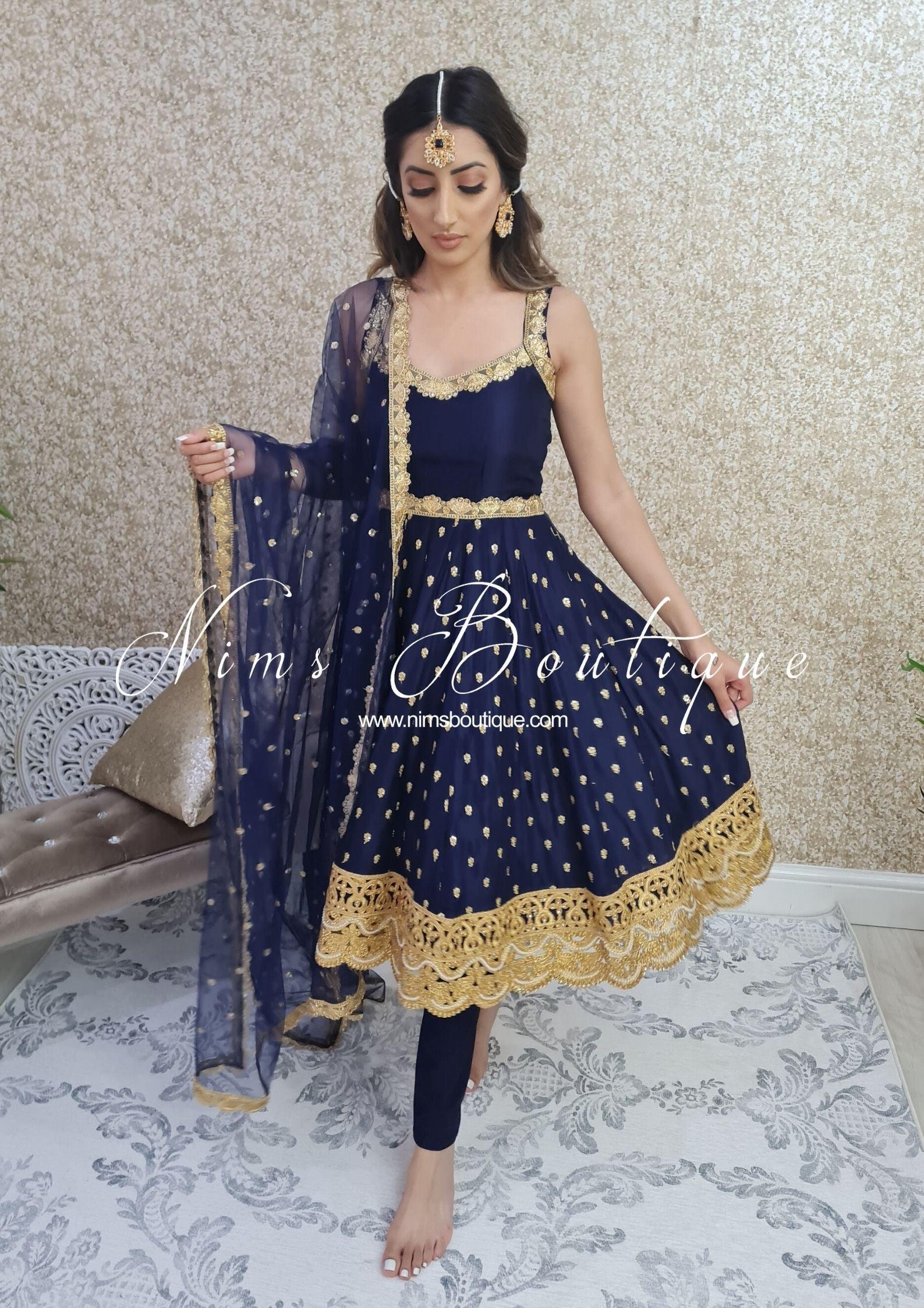 Nims Boutique The NB Luxury Navy Silk Anarkali with Pajami sizes 4-20