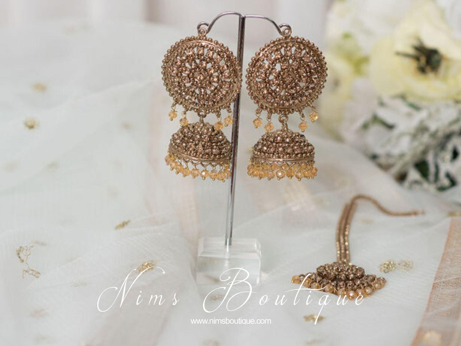 Nims Boutique Royal Antique Gold & Gold Stone Tikka Set