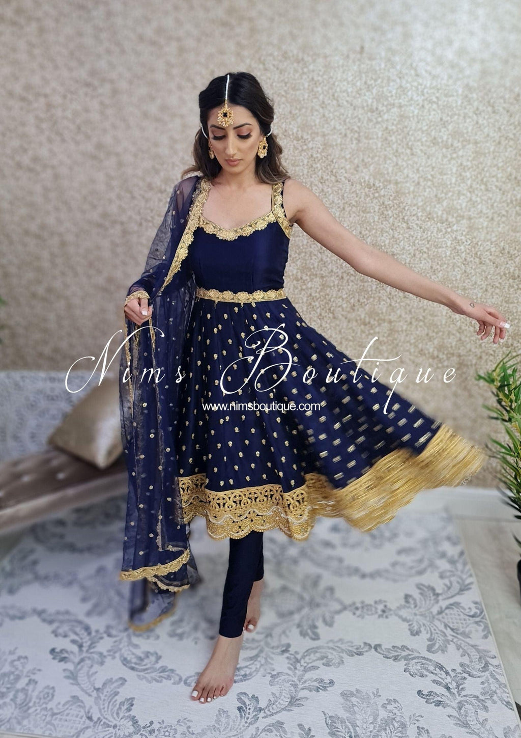 Nims Boutique The NB Luxury Navy Silk Anarkali with Pajami sizes 4-20