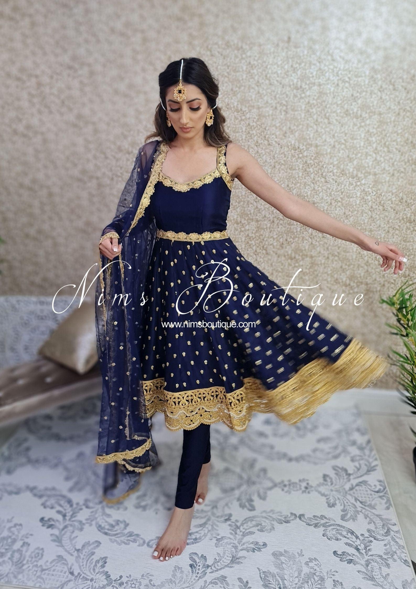 Nims Boutique The NB Luxury Navy Silk Anarkali with Pajami sizes 4-20