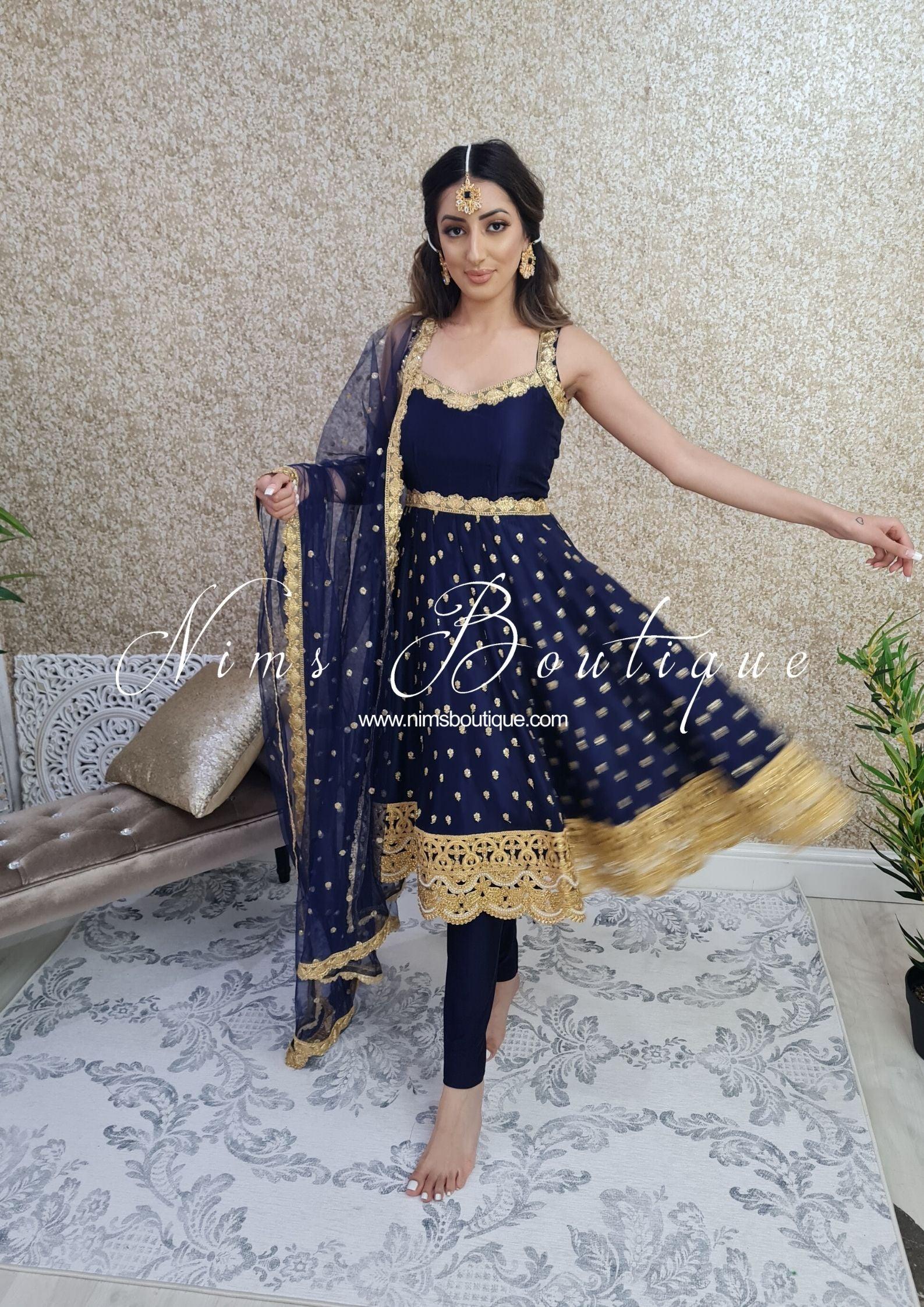 Nims Boutique The NB Luxury Navy Silk Anarkali with Pajami sizes 4-20