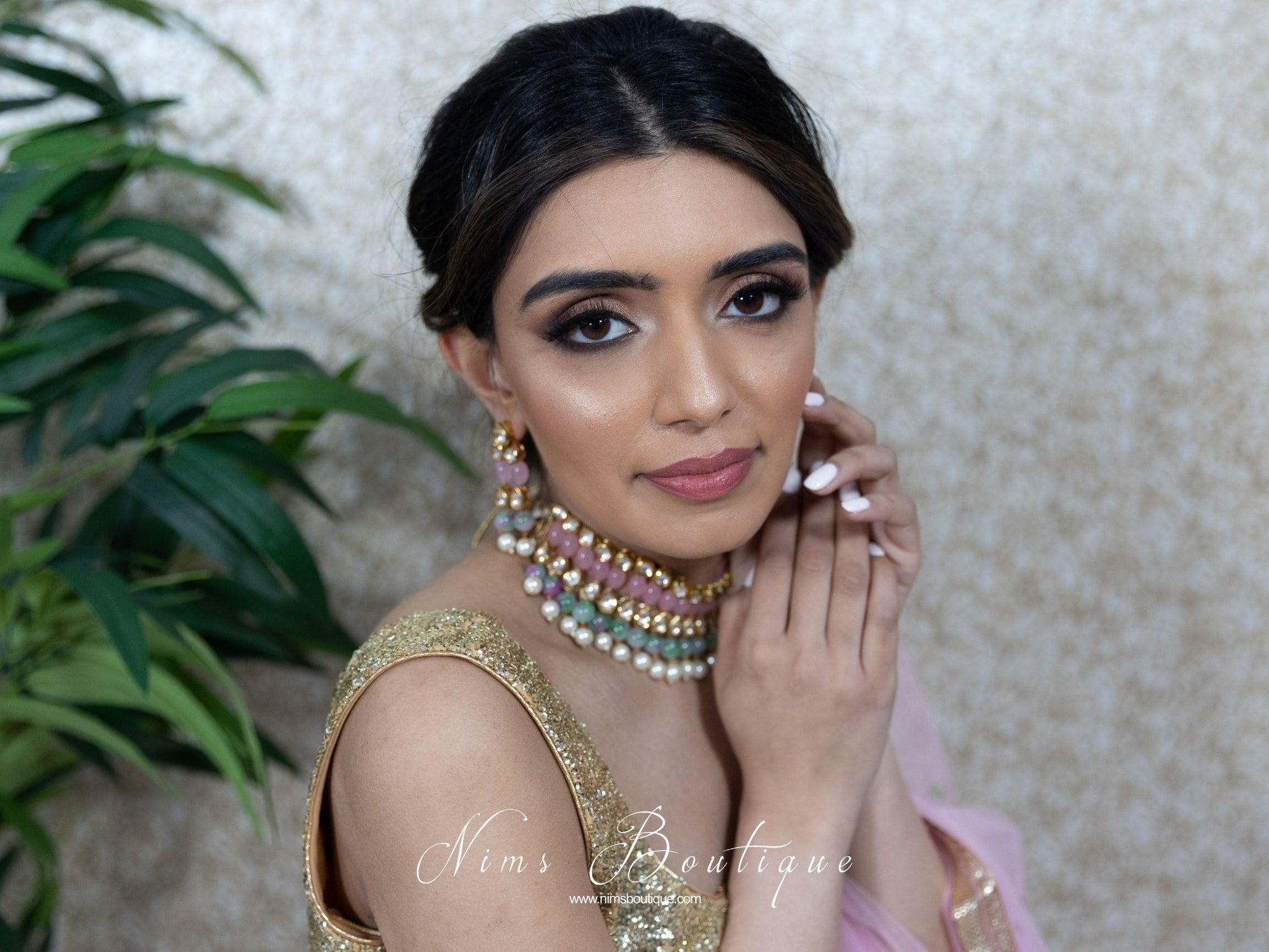 Nims Boutique Pavan Pastel Pink Kundan & Green Floral Bead Choker Set