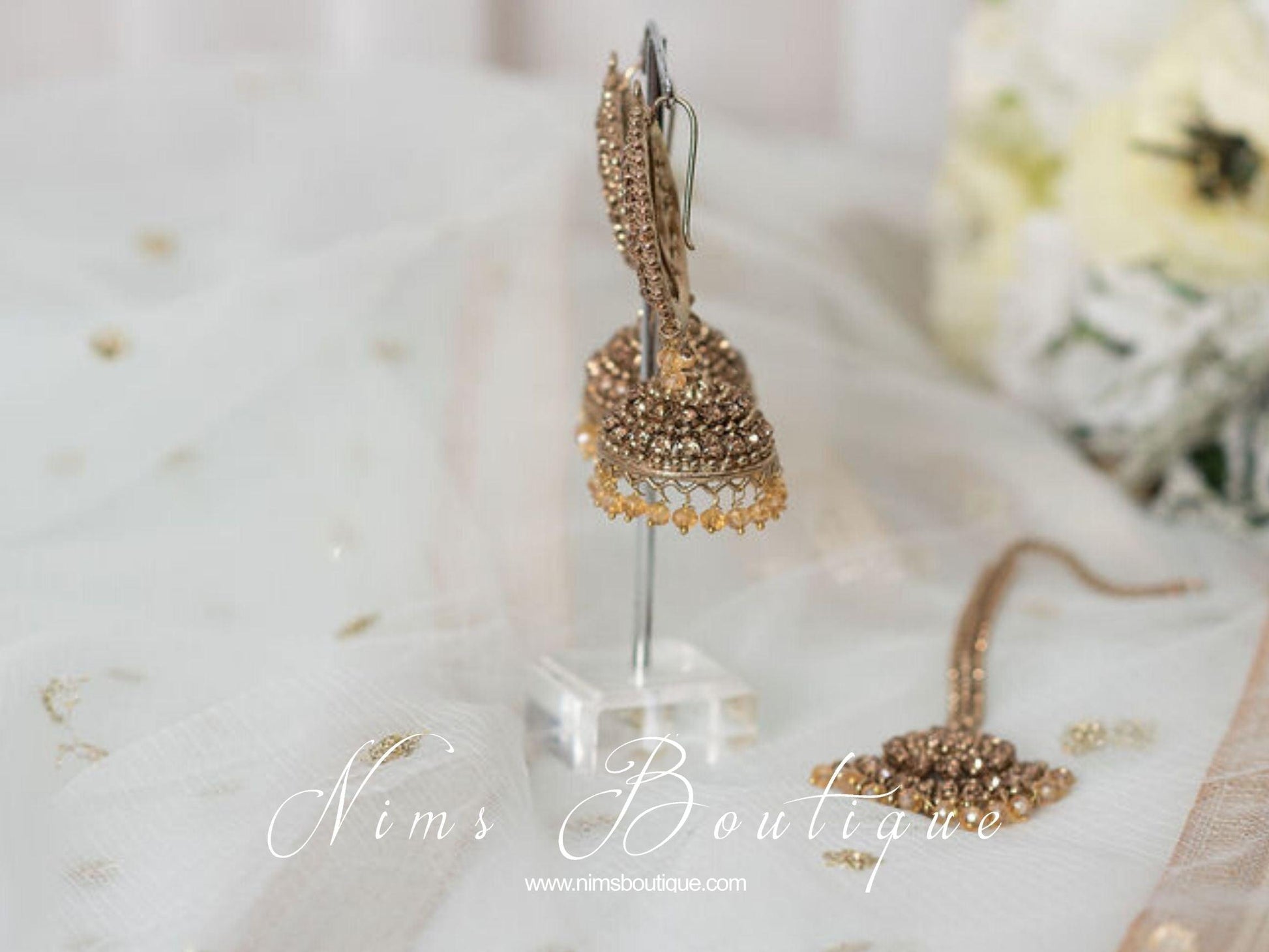 Nims Boutique Royal Antique Gold & Gold Stone Tikka Set