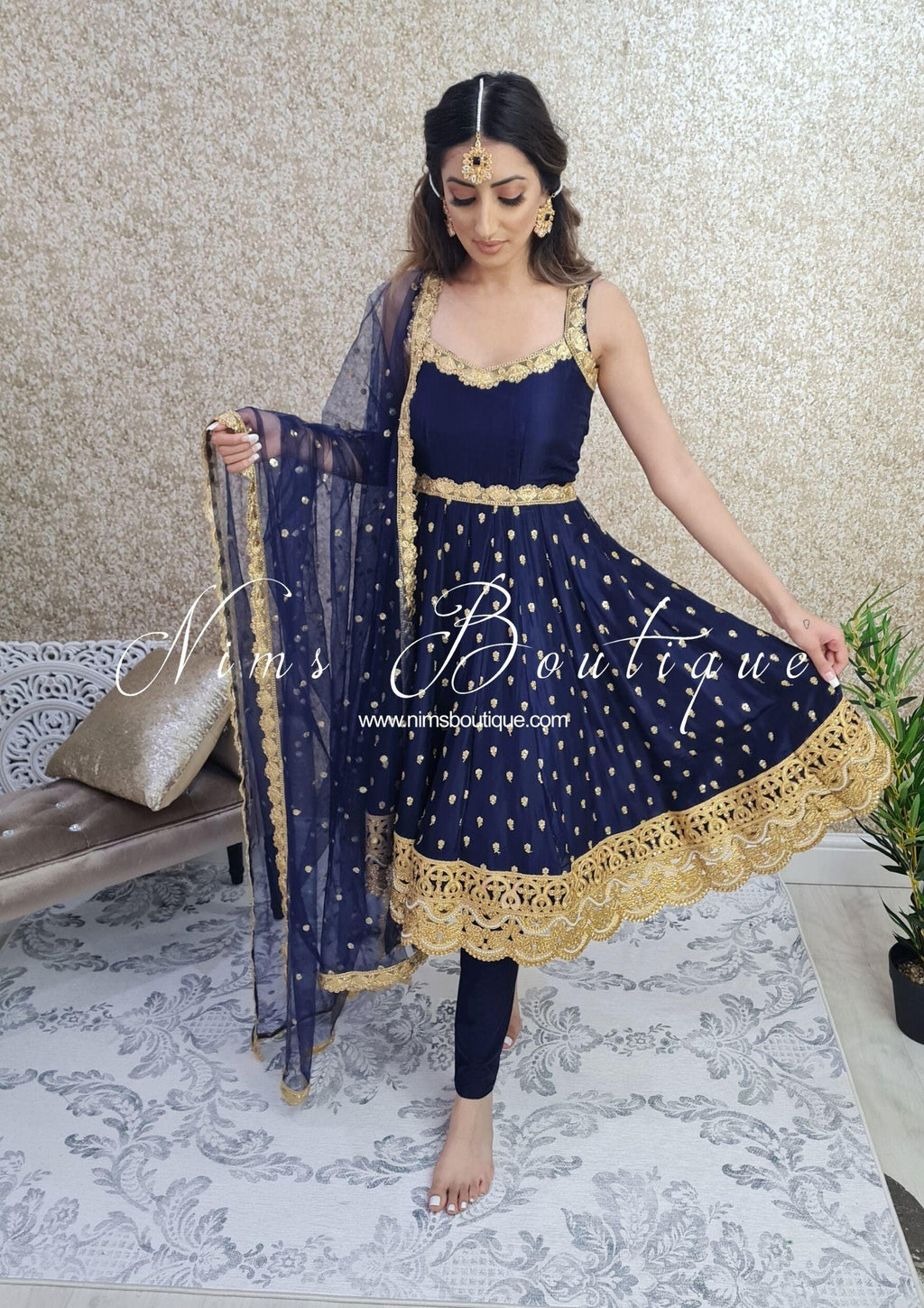 Nims Boutique The NB Luxury Navy Silk Anarkali with Pajami sizes 4-20