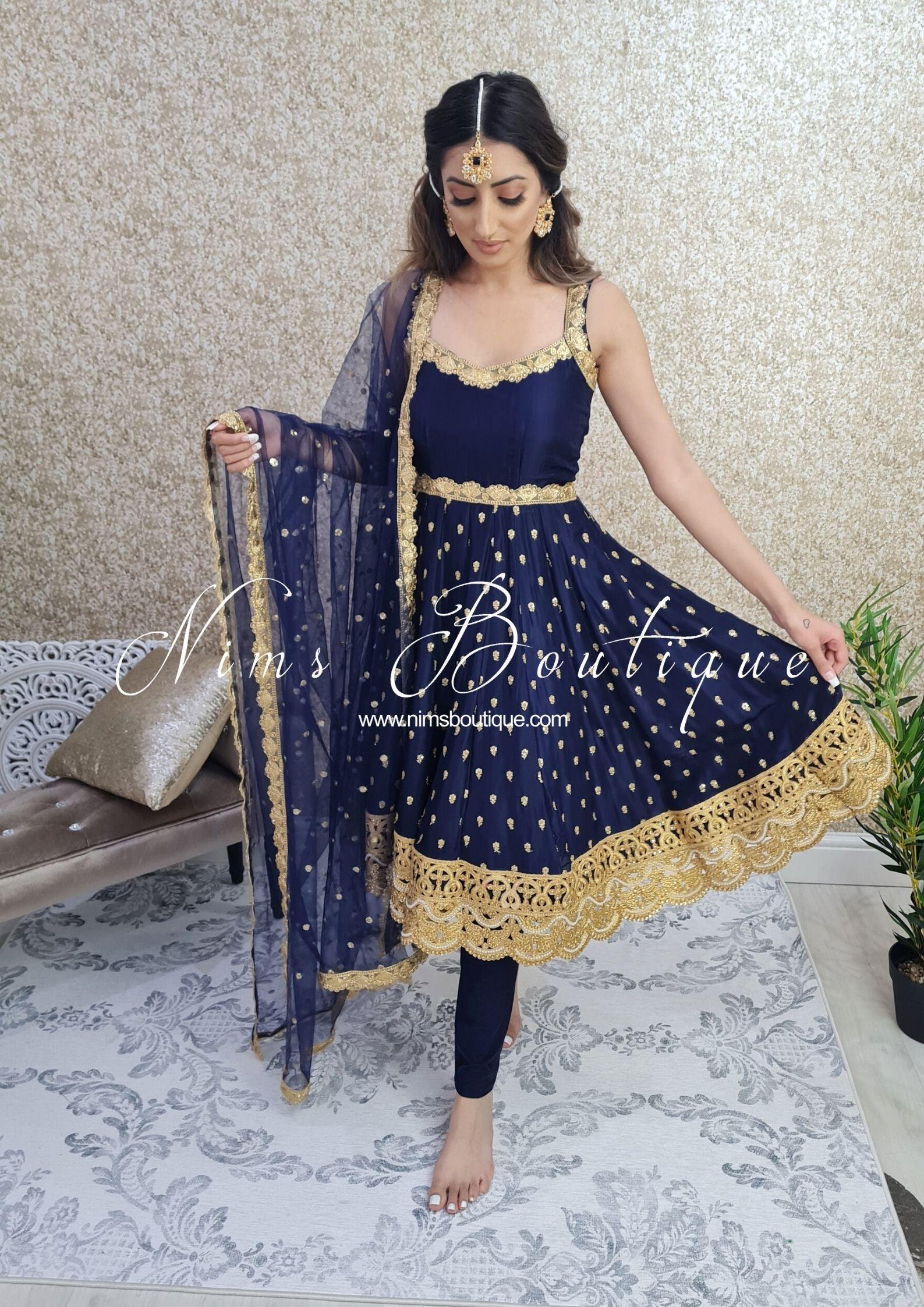 Nims Boutique The NB Luxury Navy Silk Anarkali with Pajami sizes 4-20