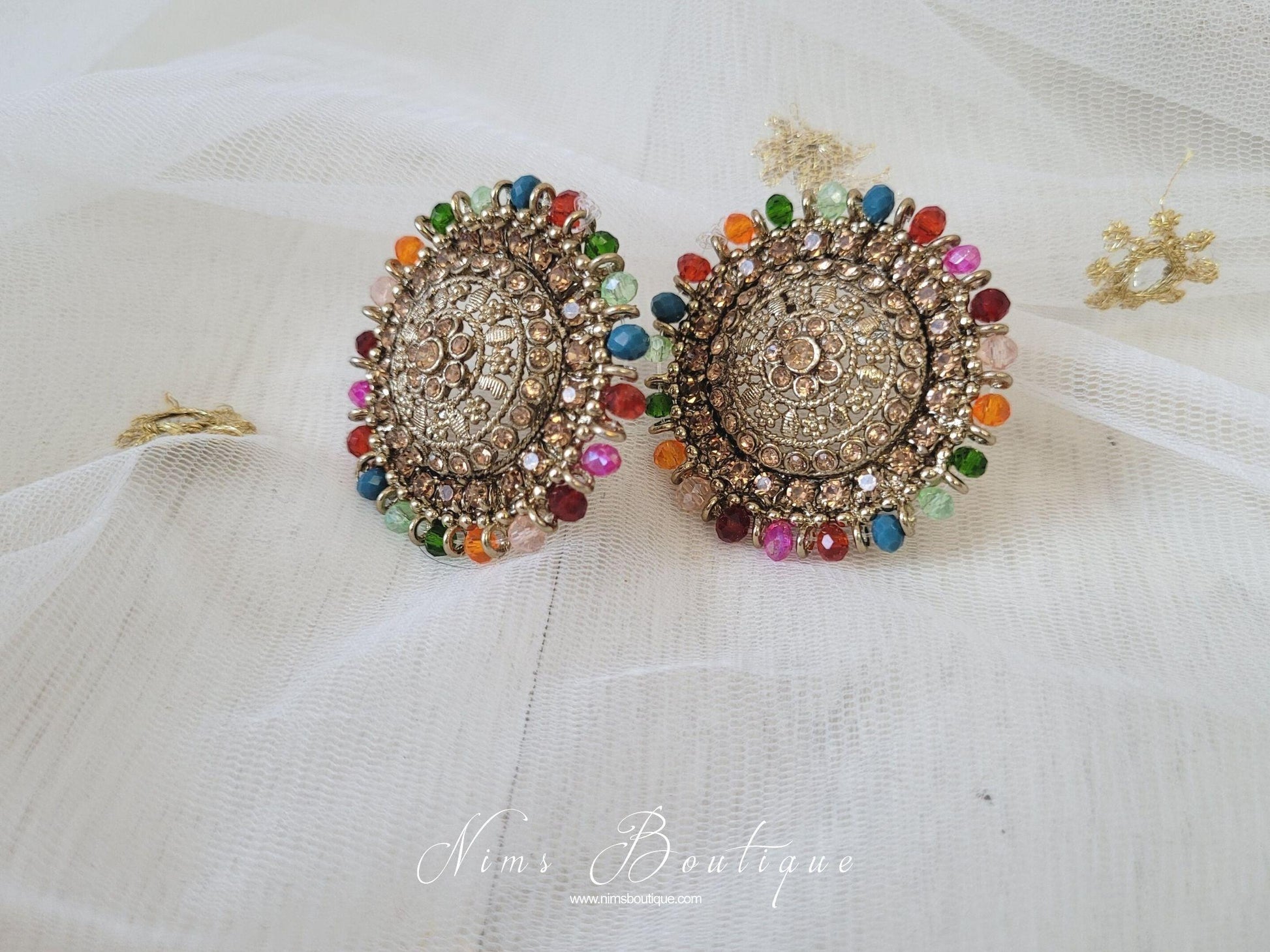 Nims Boutique Large Royal Gold Stone & Multicolour Stud earrings