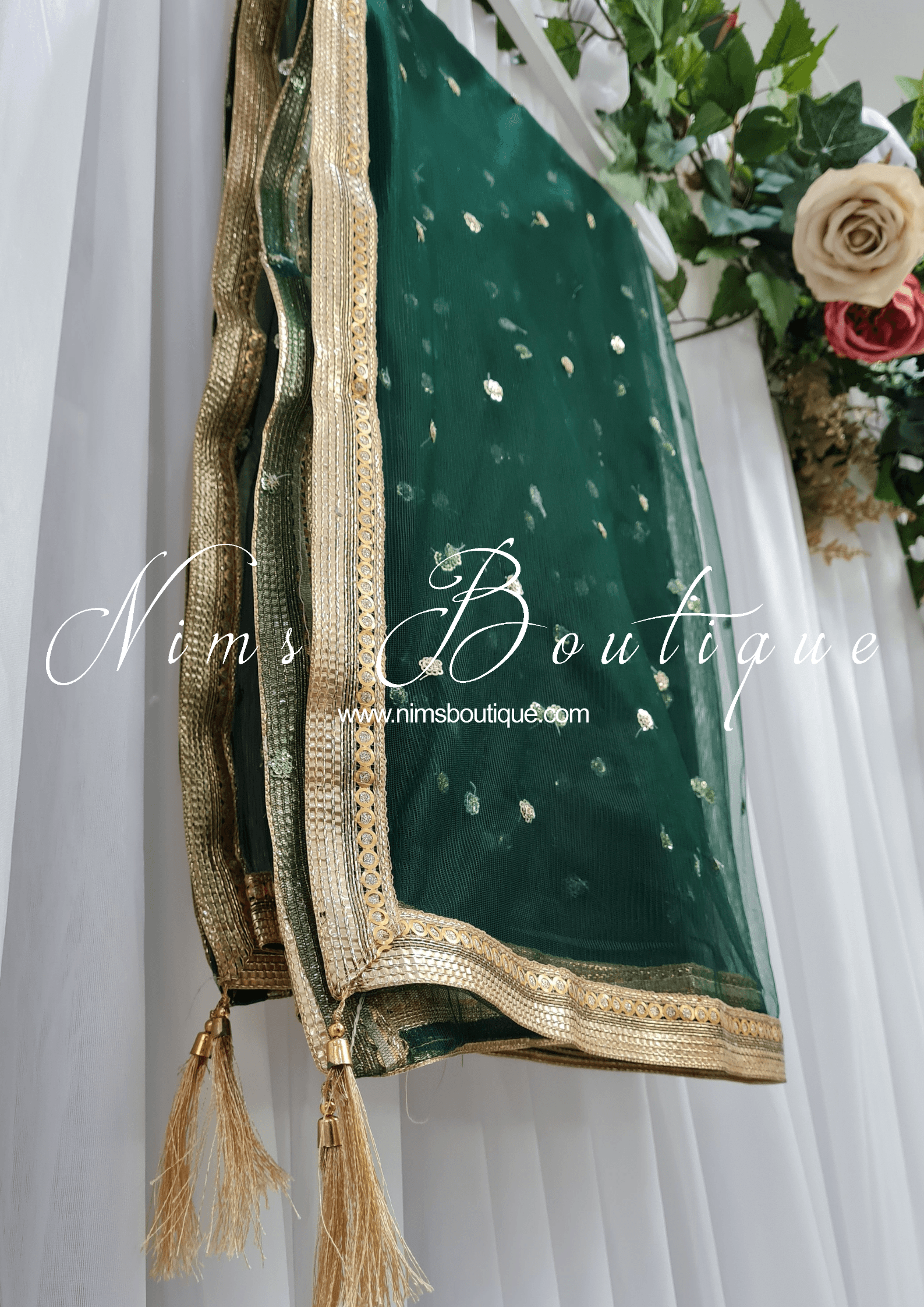 Nims Boutique Dark Green Net Sequin Dupatta/Chunni NS8