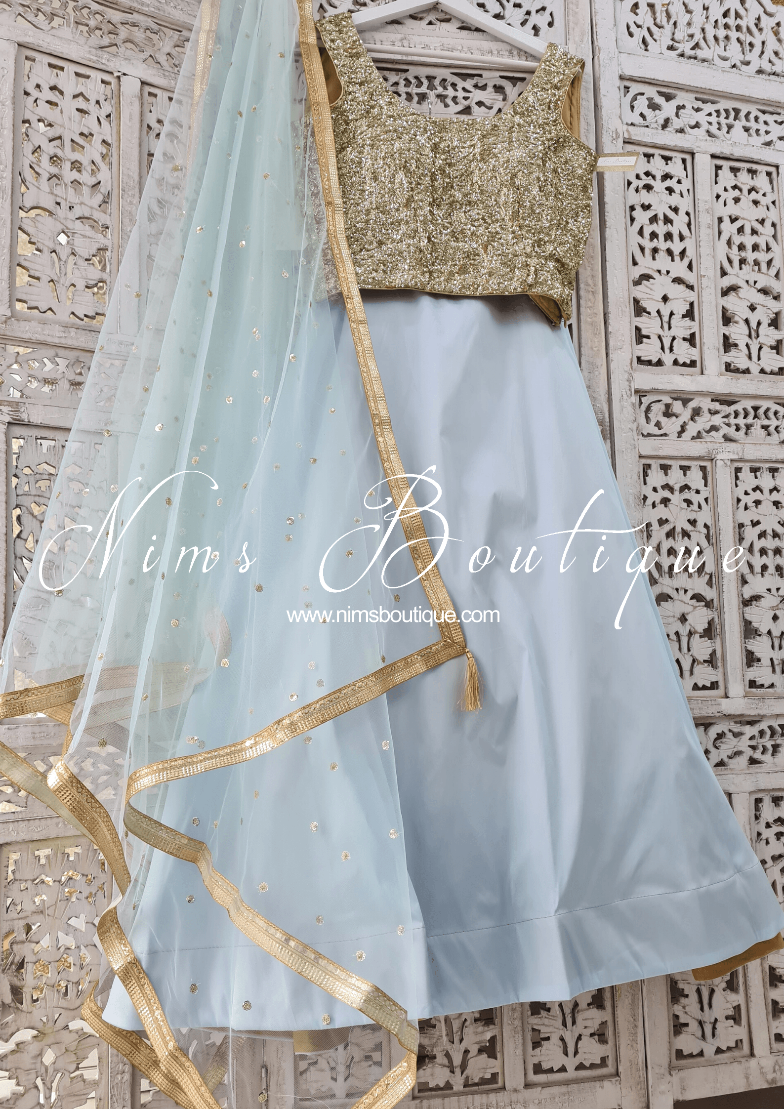 Nims Boutique Light Blue Net Sequin Dupatta/Chunni