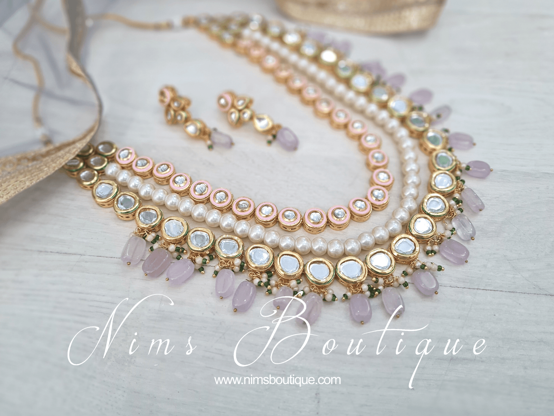 Nims Boutique Myra Blossom Kundan Lilac & Pink Haar Set