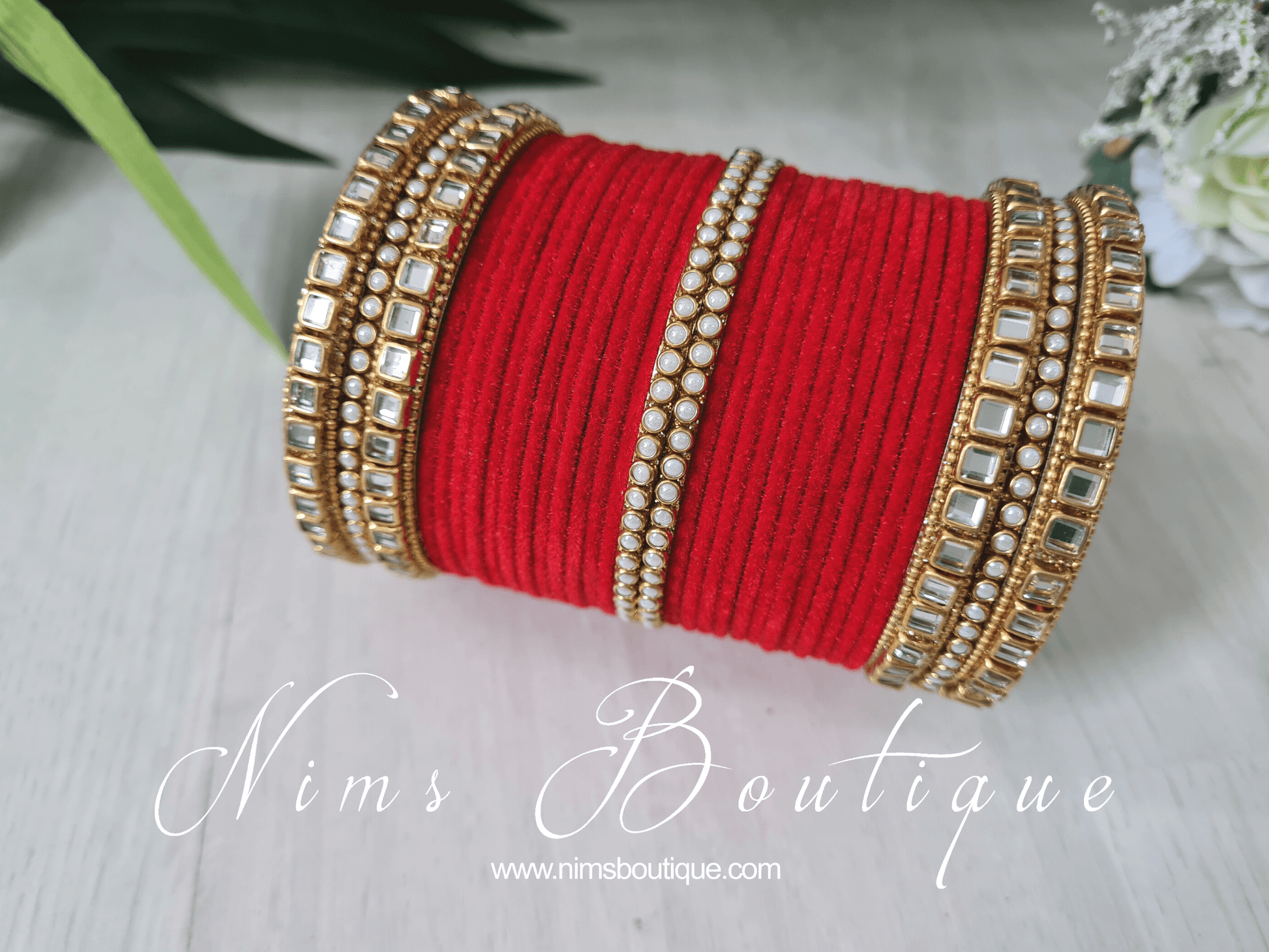 Nims Boutique Red Velvet & Kundan Set of Bangles RV1