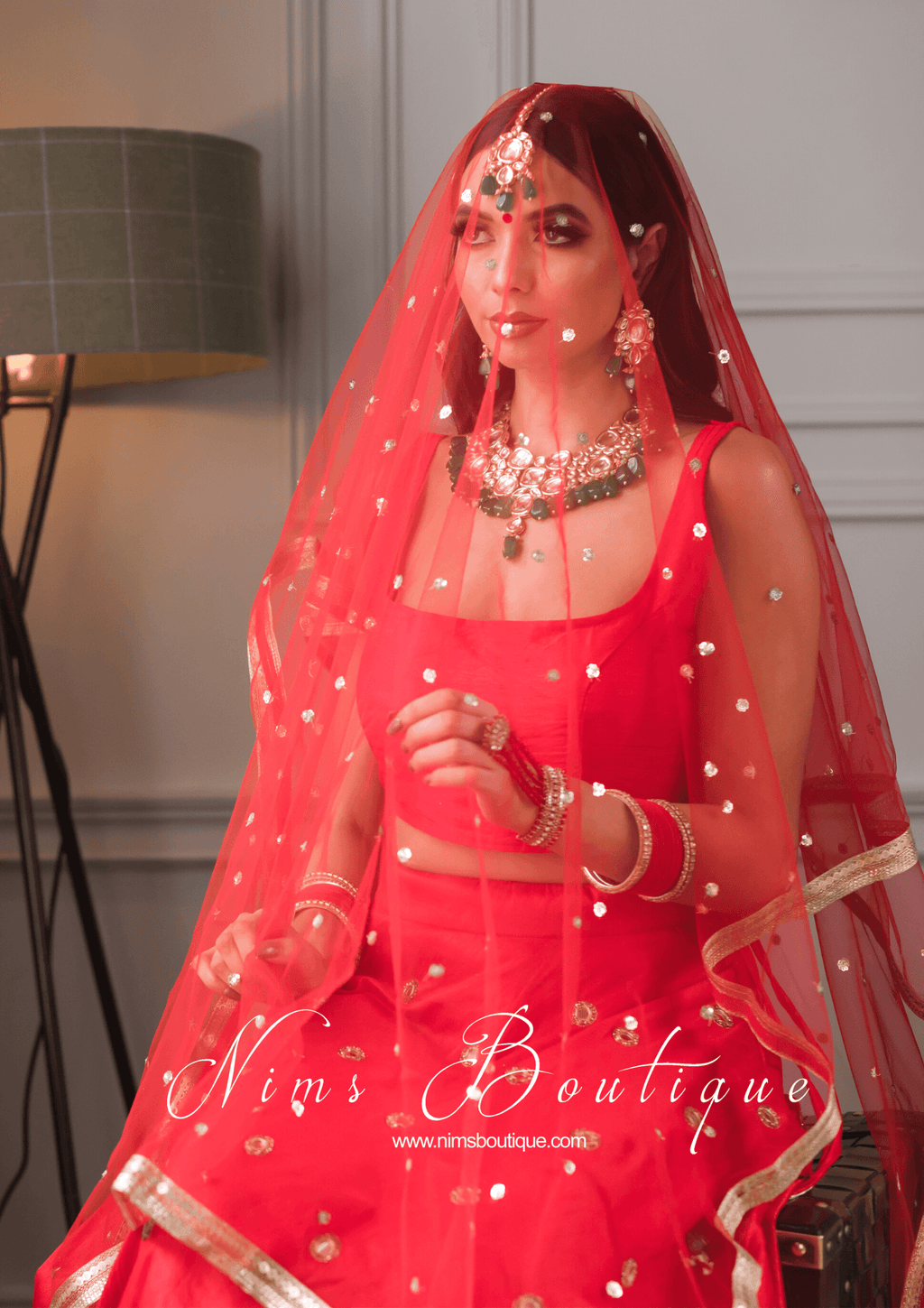Nims Boutique Bright Red Net Sequin Dupatta/Chunni NS7