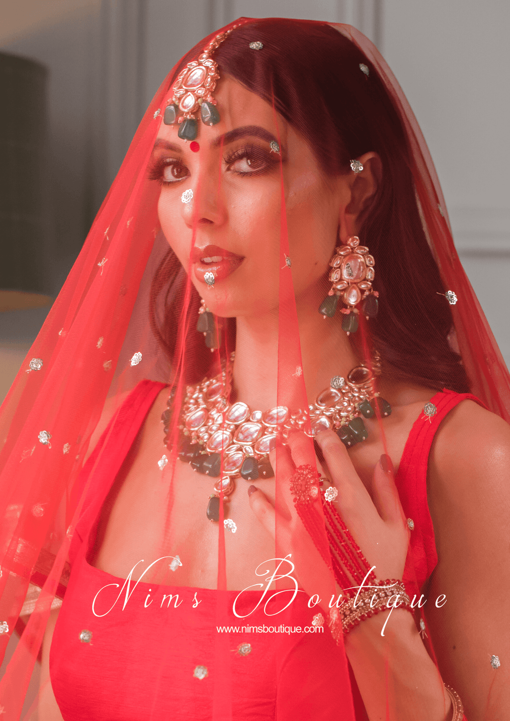 Nims Boutique Bright Red Net Sequin Dupatta/Chunni NS7