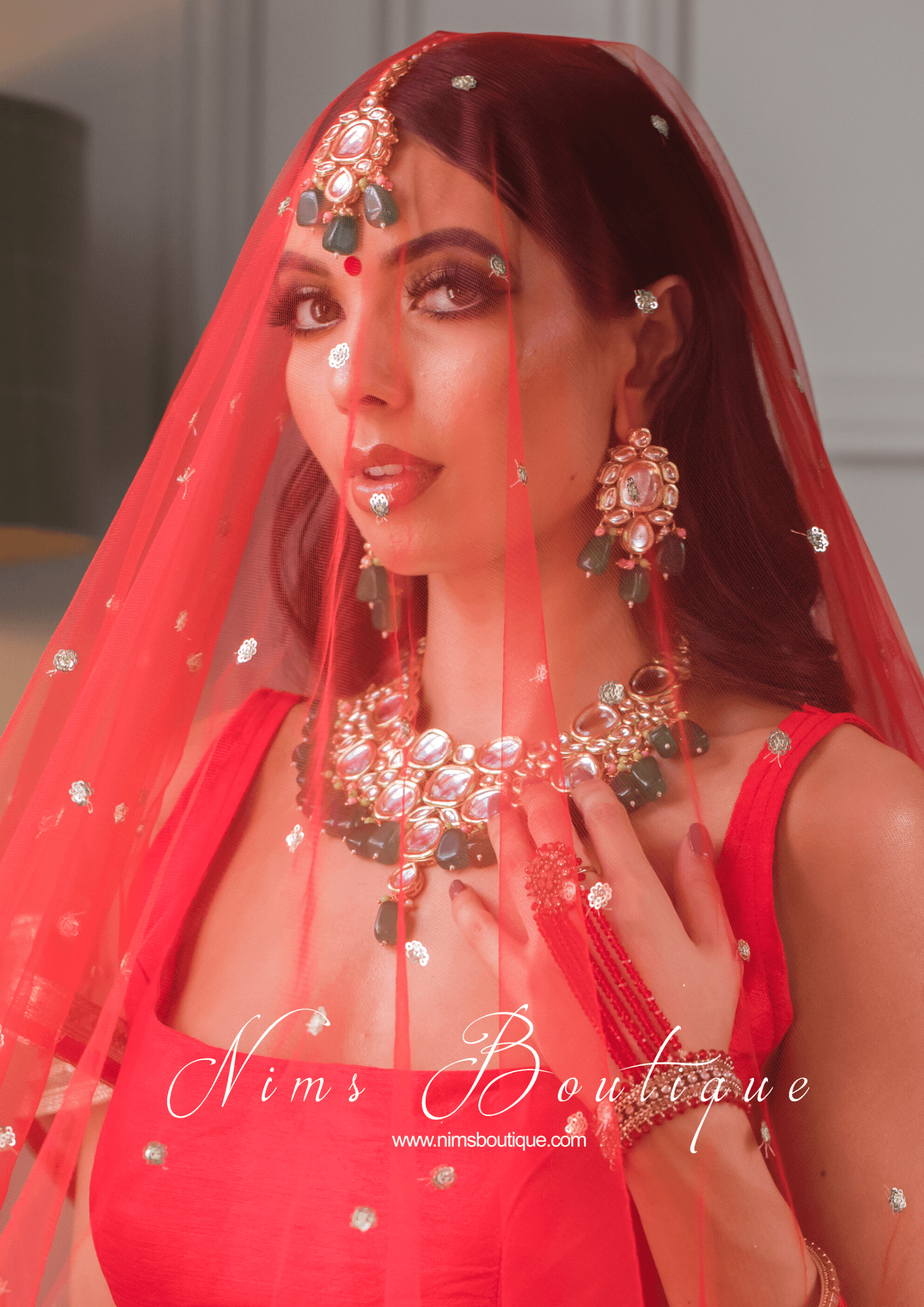 Nims Boutique Bright Red Net Sequin Dupatta/Chunni NS7
