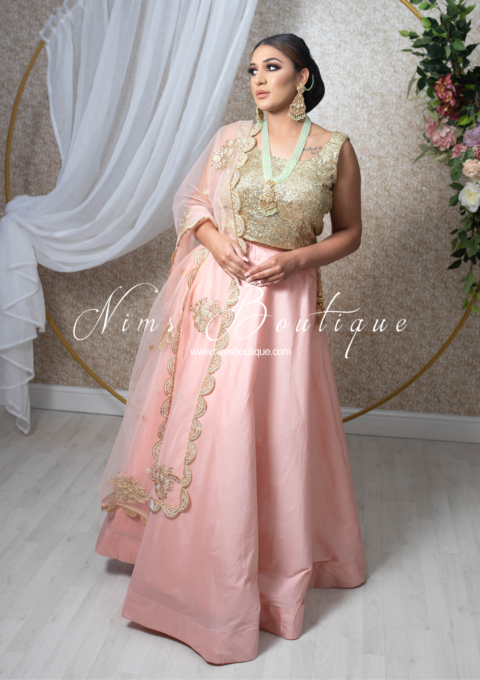 Nims Boutique Pastel Peach Net Pearl Embellished Dupatta/Chunni with Luxury Pearl Edging