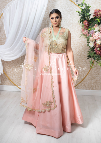 Nims Boutique Pastel Peach Net Pearl Embellished Dupatta/Chunni with Luxury Pearl Edging