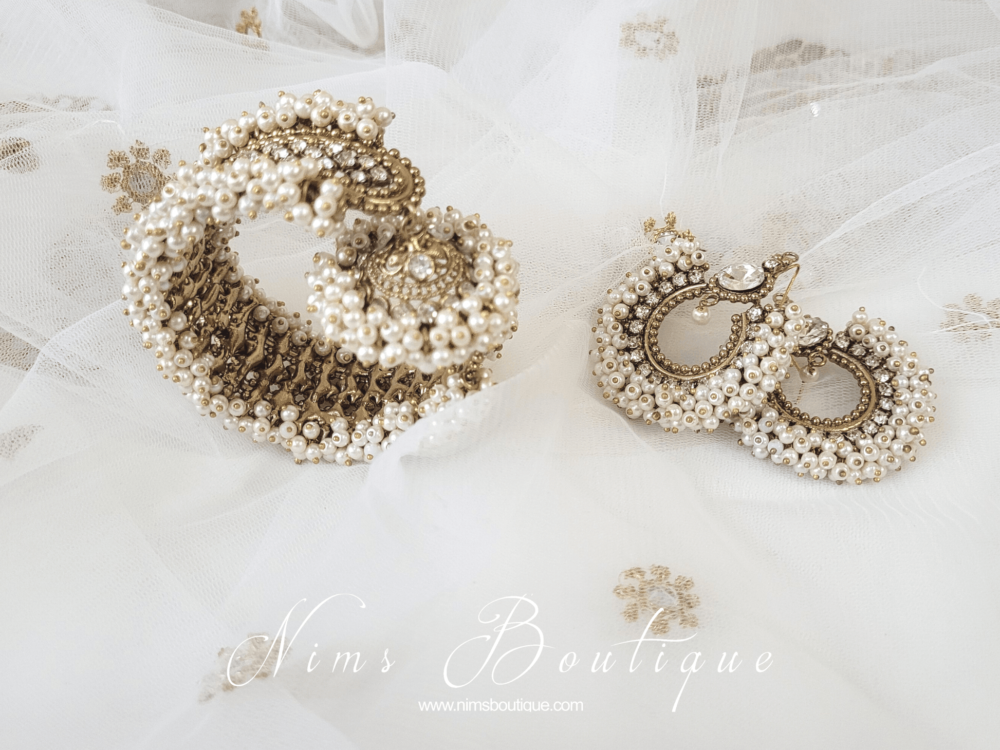 Nims Boutique Royal Pearl Cluster Bracelet with hanging chumka