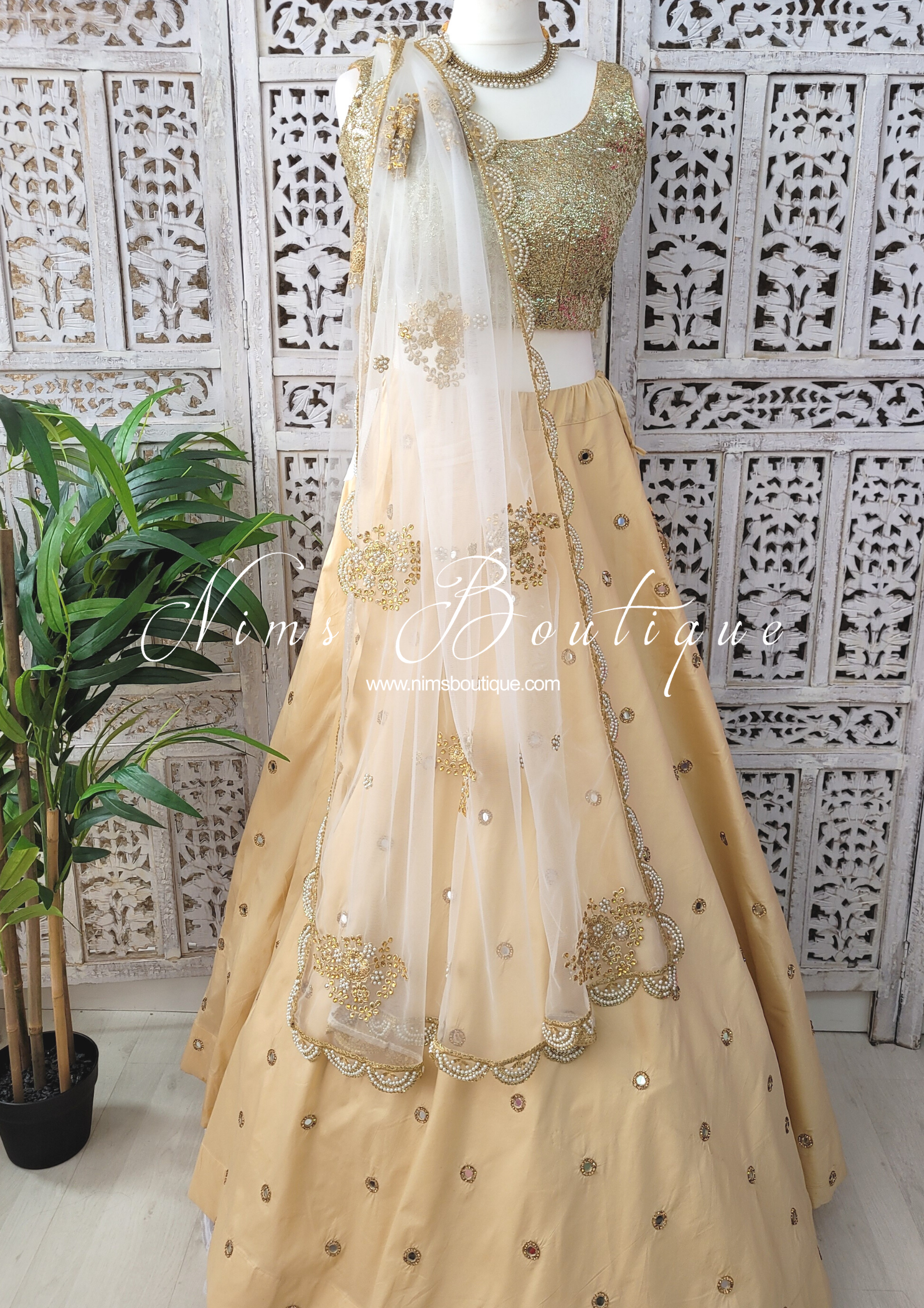 Nims Boutique White Net Pearl Embellished Dupatta/Chunni with Luxury Pearl Edging NPE2