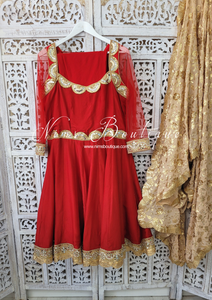 Pure Silk Red & Gold Anarkali Pajami Suit (22-24)