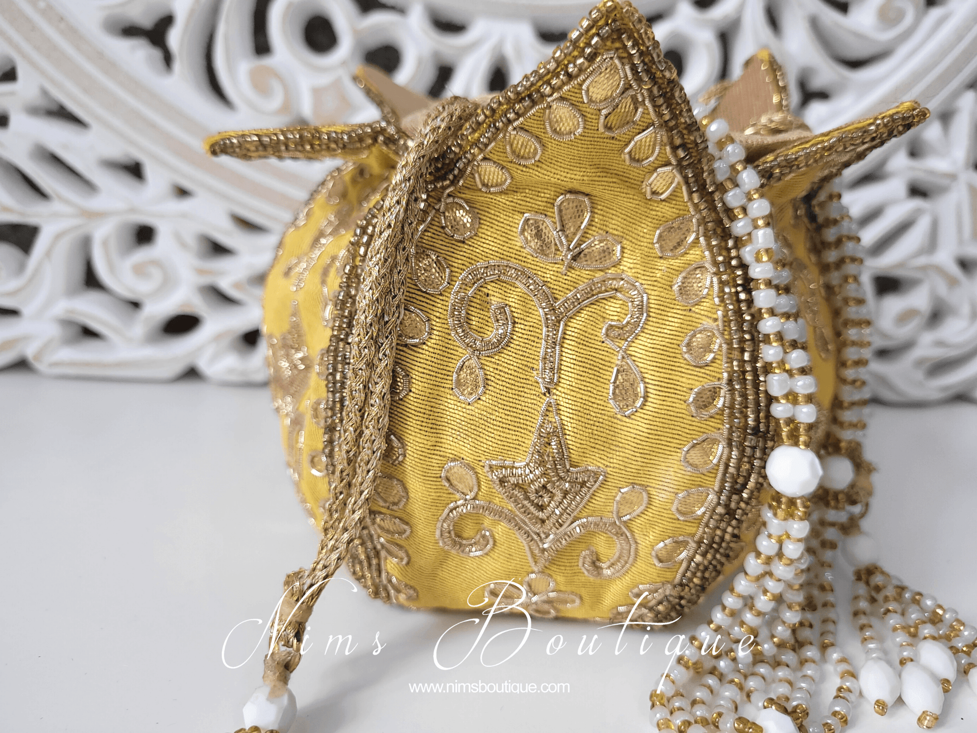 Nims Boutique Light Yellow Potli Raw Silk Embellished Bag