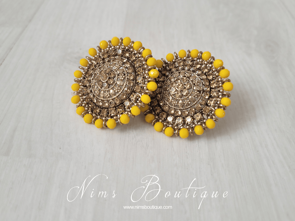 Nims Boutique Large Royal Dark Yellow & Gold Stone Stud Earrings