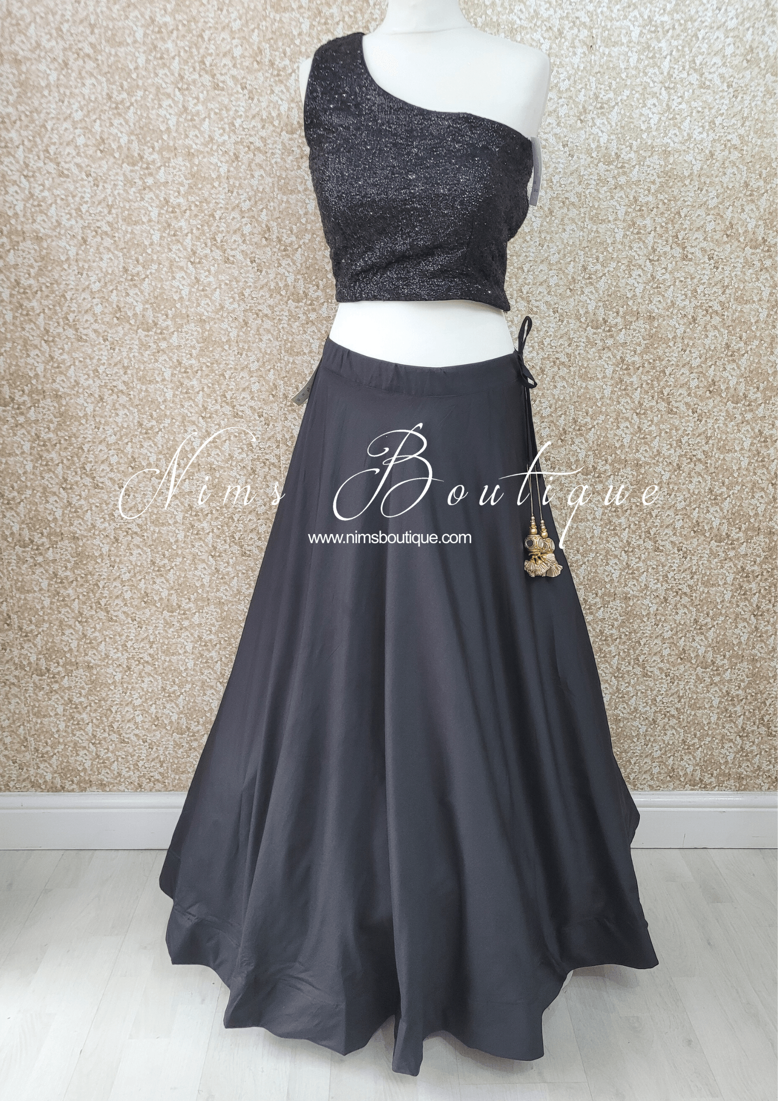 Nims Boutique Luxury One Shoulder Black Sequin Blouse 4-22