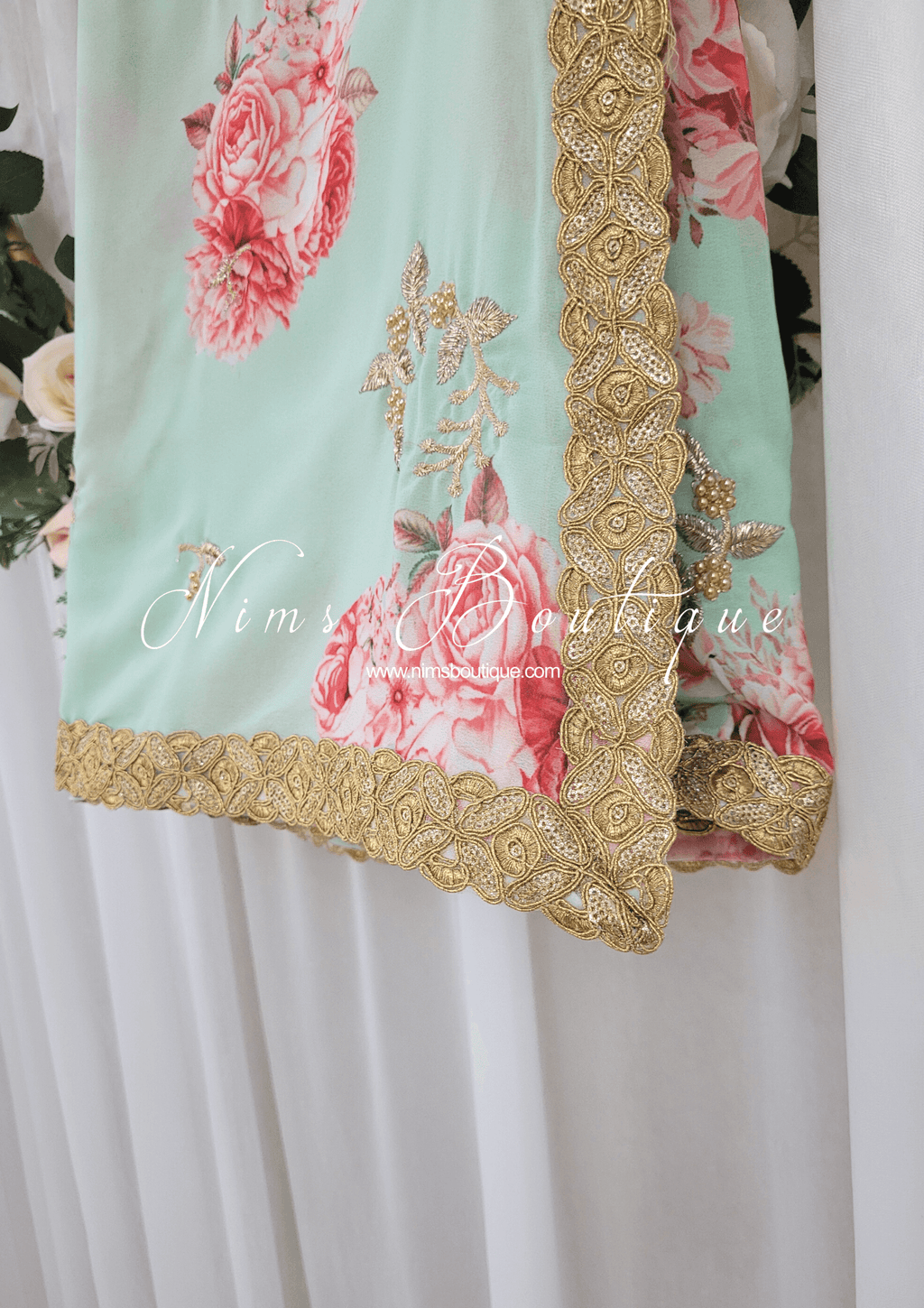 Nims Boutique La Floraison Mint Floral Georgette Dupatta/Chunni LFG3