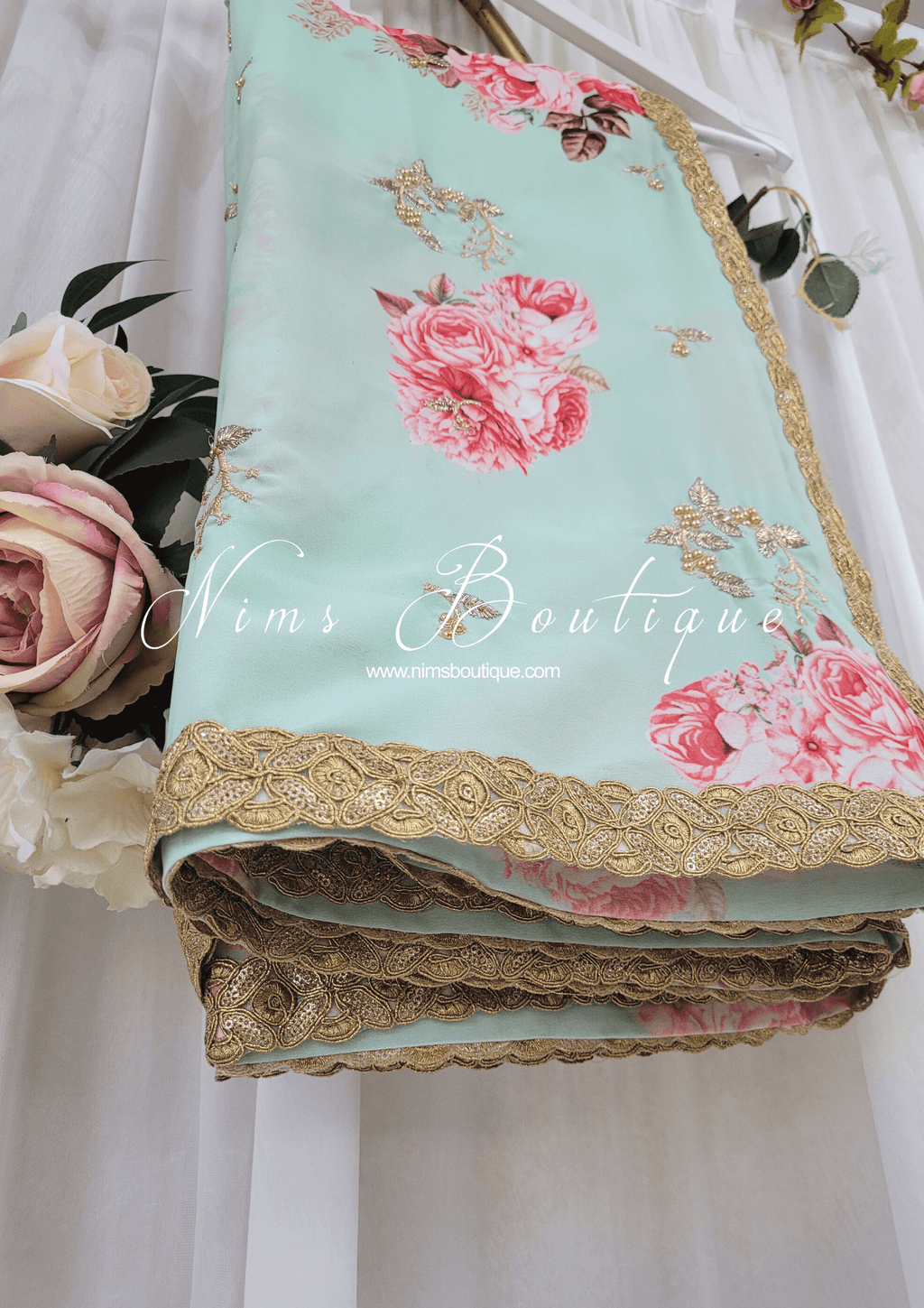 Nims Boutique La Floraison Mint Floral Georgette Dupatta/Chunni LFG3