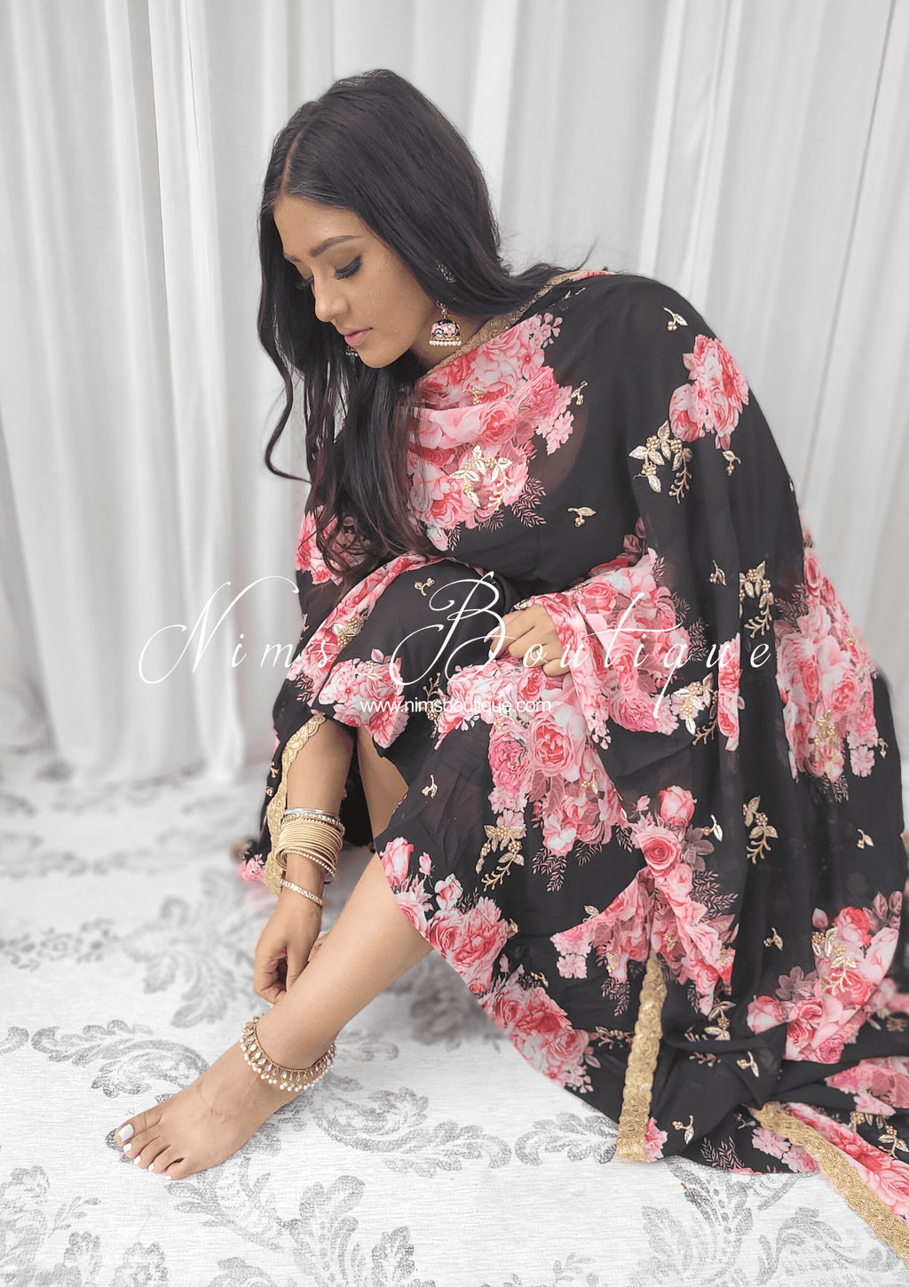 Nims Boutique La Floraison Black Georgette Floral readymade skirt/lehnga sizes 4-24