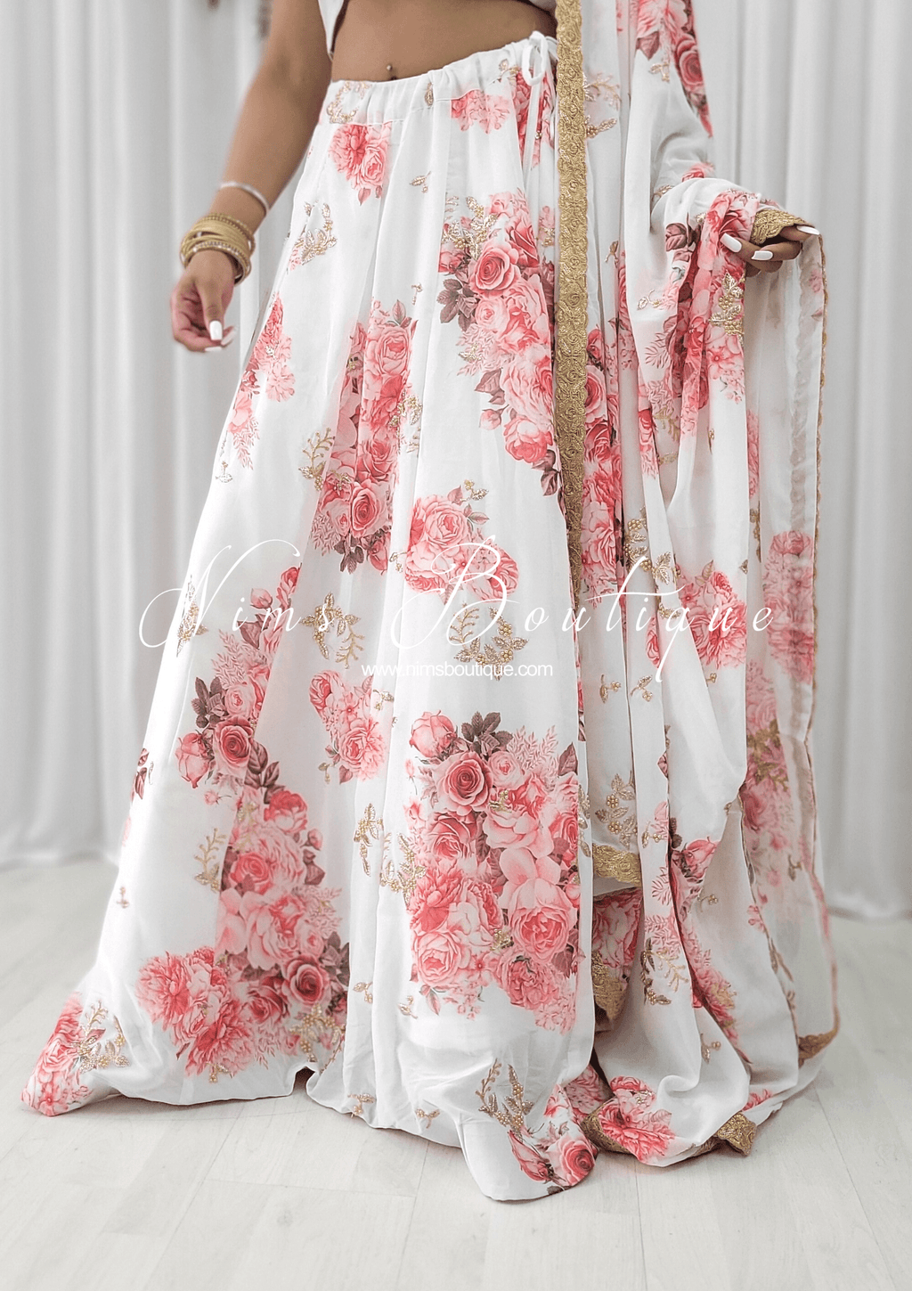 Nims Boutique La Floraison Ivory Georgette Floral readymade skirt/lehnga sizes 4-26