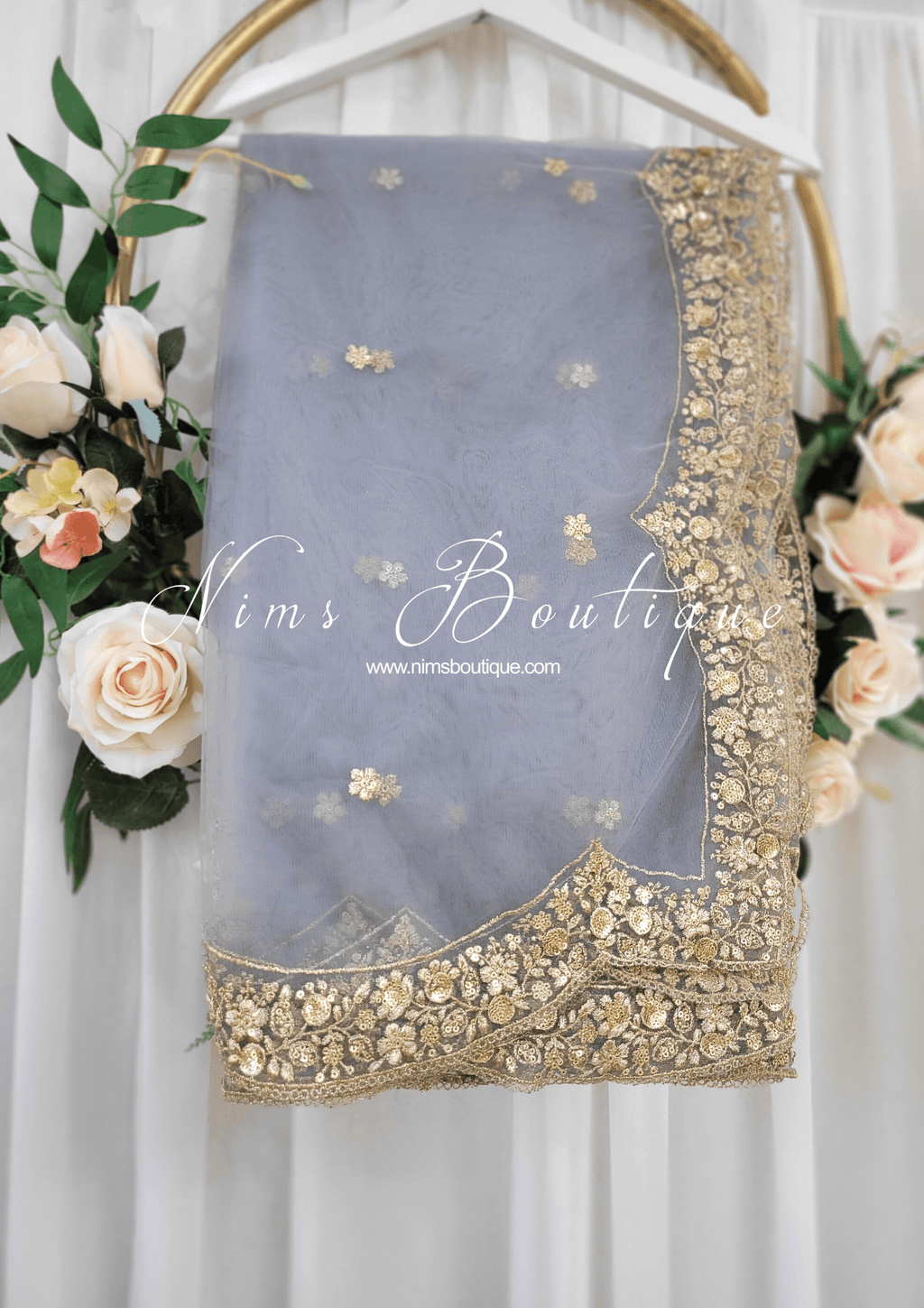 Nims Boutique Luxury Grey Net Sequin Scallop Edge Dupatta/Chunni SE1