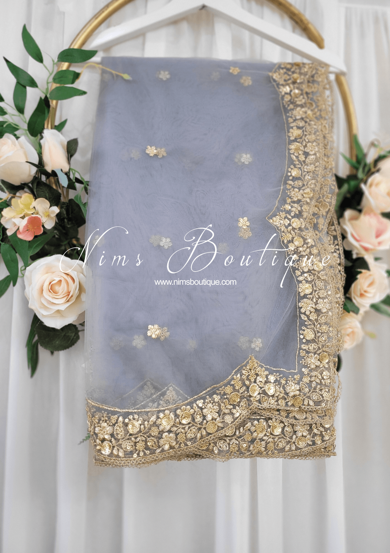 Nims Boutique Luxury Grey Net Sequin Scallop Edge Dupatta/Chunni SE1