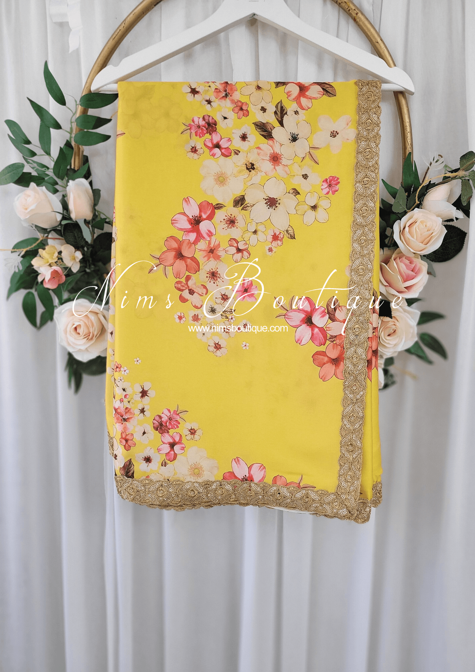 Nims Boutique La Floraison Yellow Floral Satin Saree