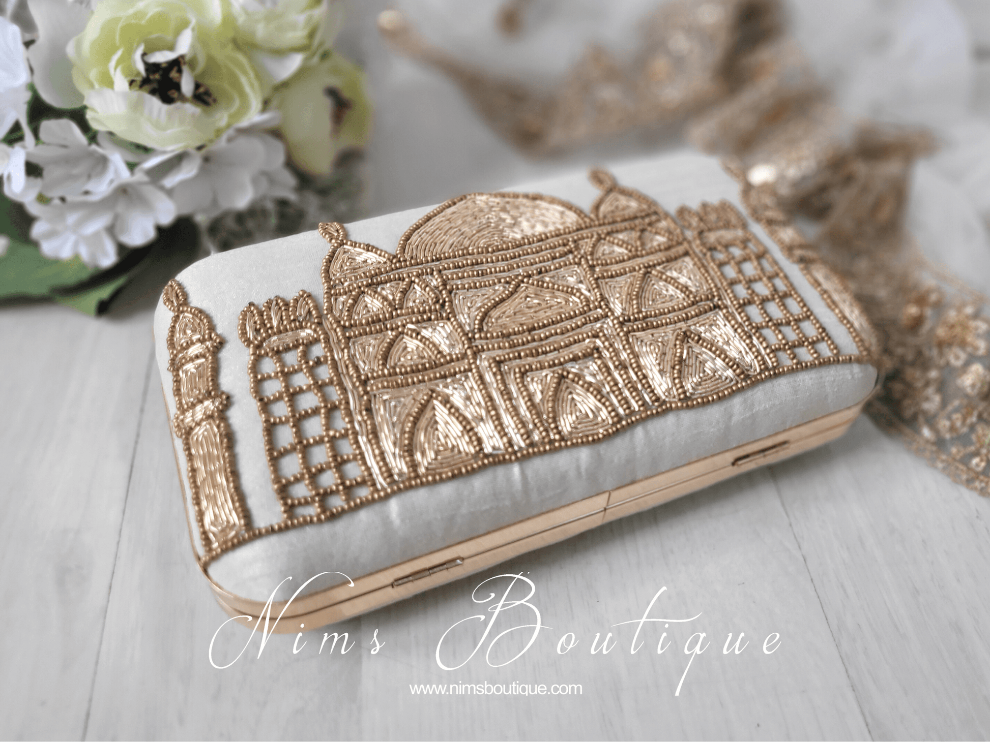 Nims Boutique Taj Cream Raw Silk Clutch Bag