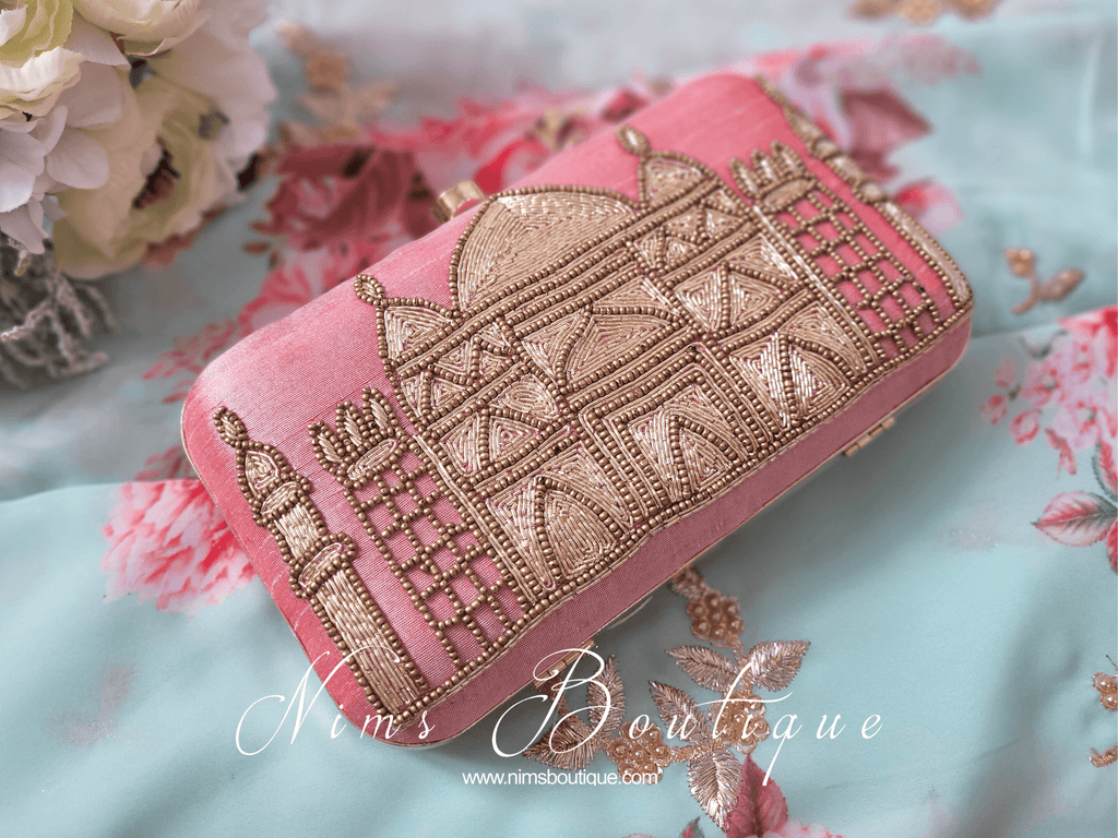 Nims Boutique Taj Blush Pink Raw Silk Clutch Bag