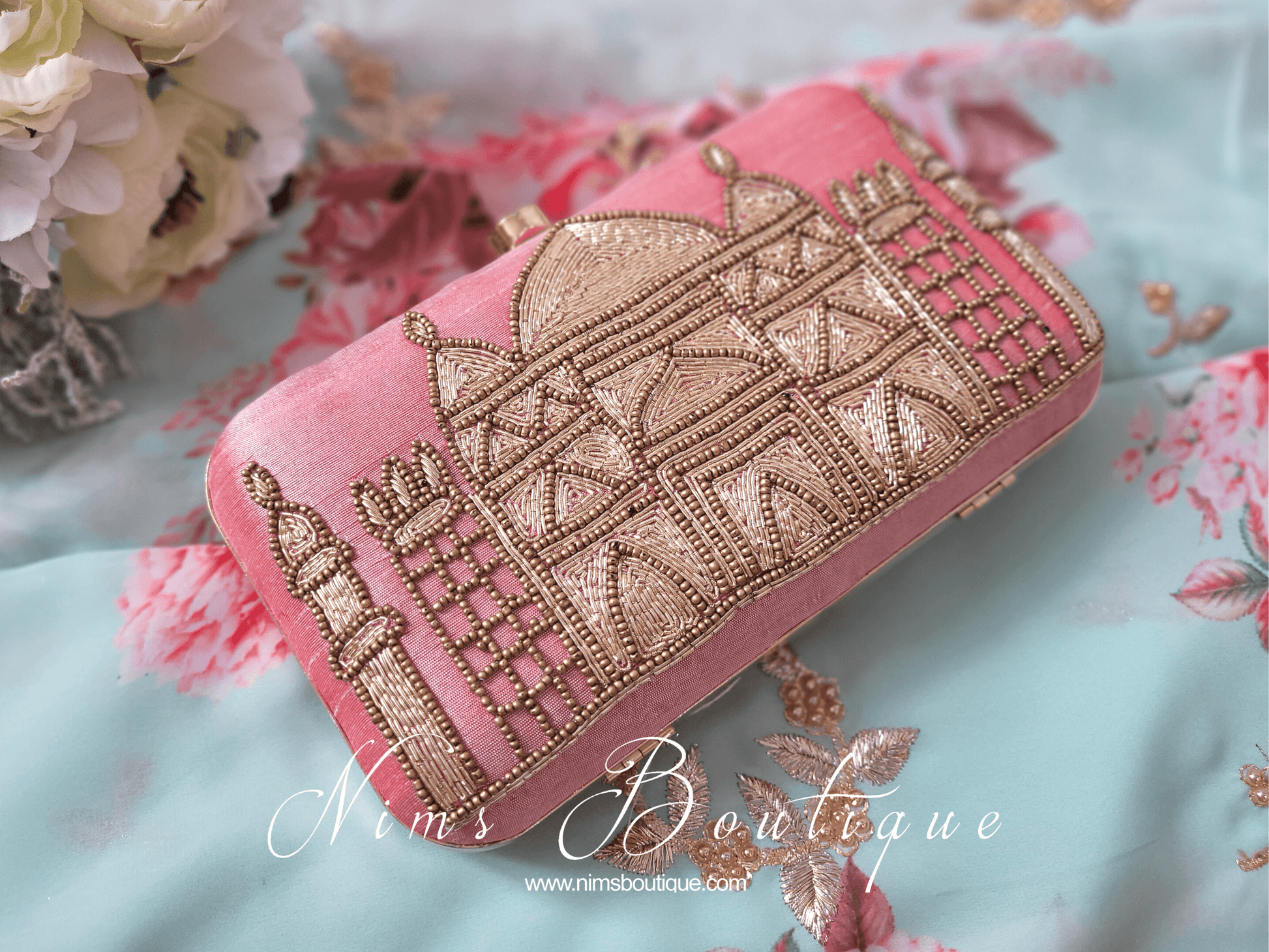 Nims Boutique Taj Blush Pink Raw Silk Clutch Bag