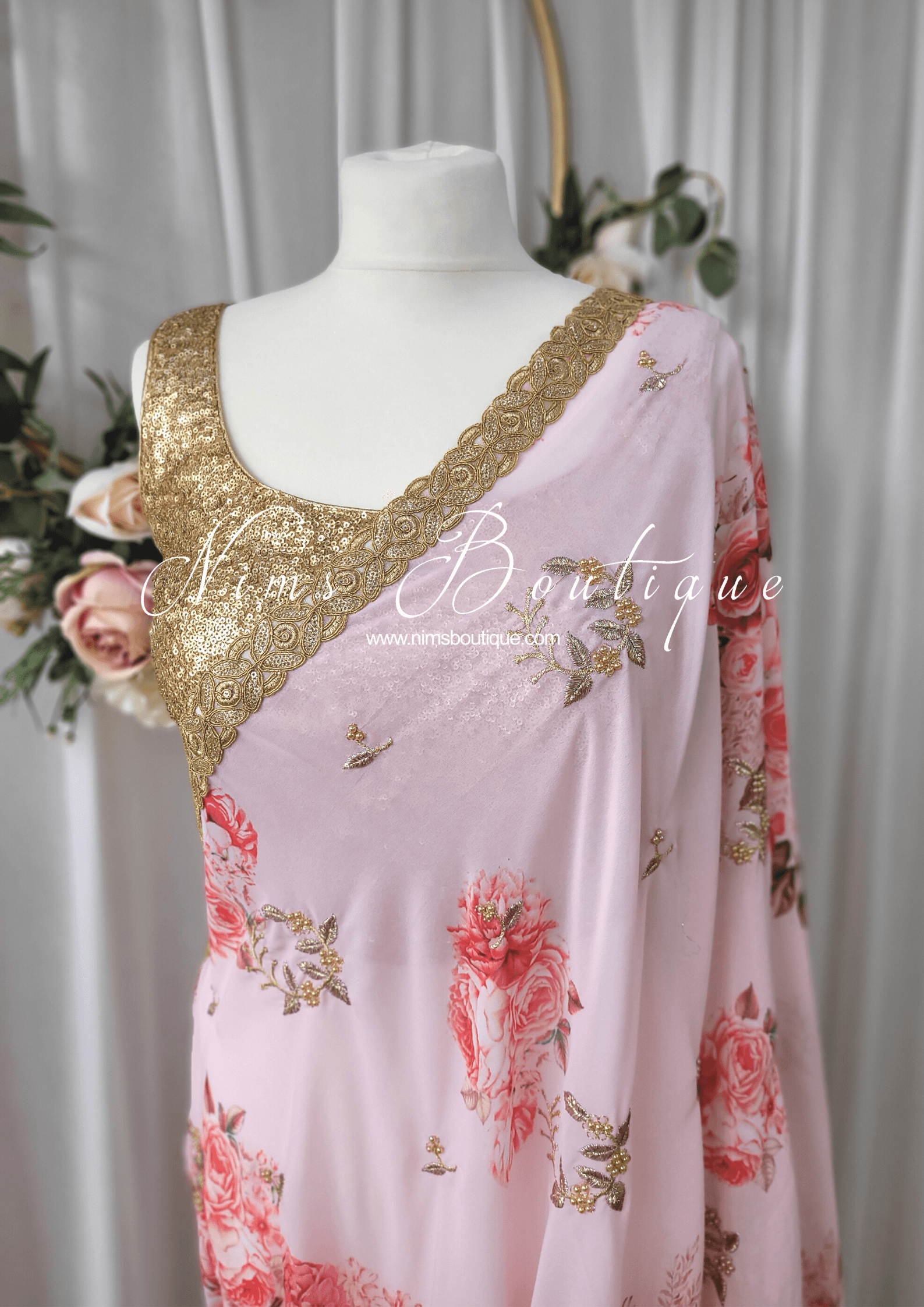 Nims Boutique La Floraison Pink Floral Georgette Saree