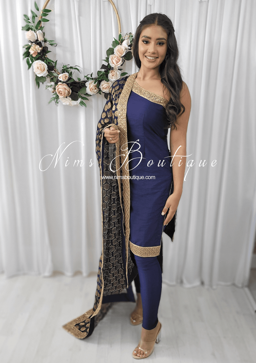 Nims Boutique One Shoulder Silk Navy Pajami Suit sizes 4-16