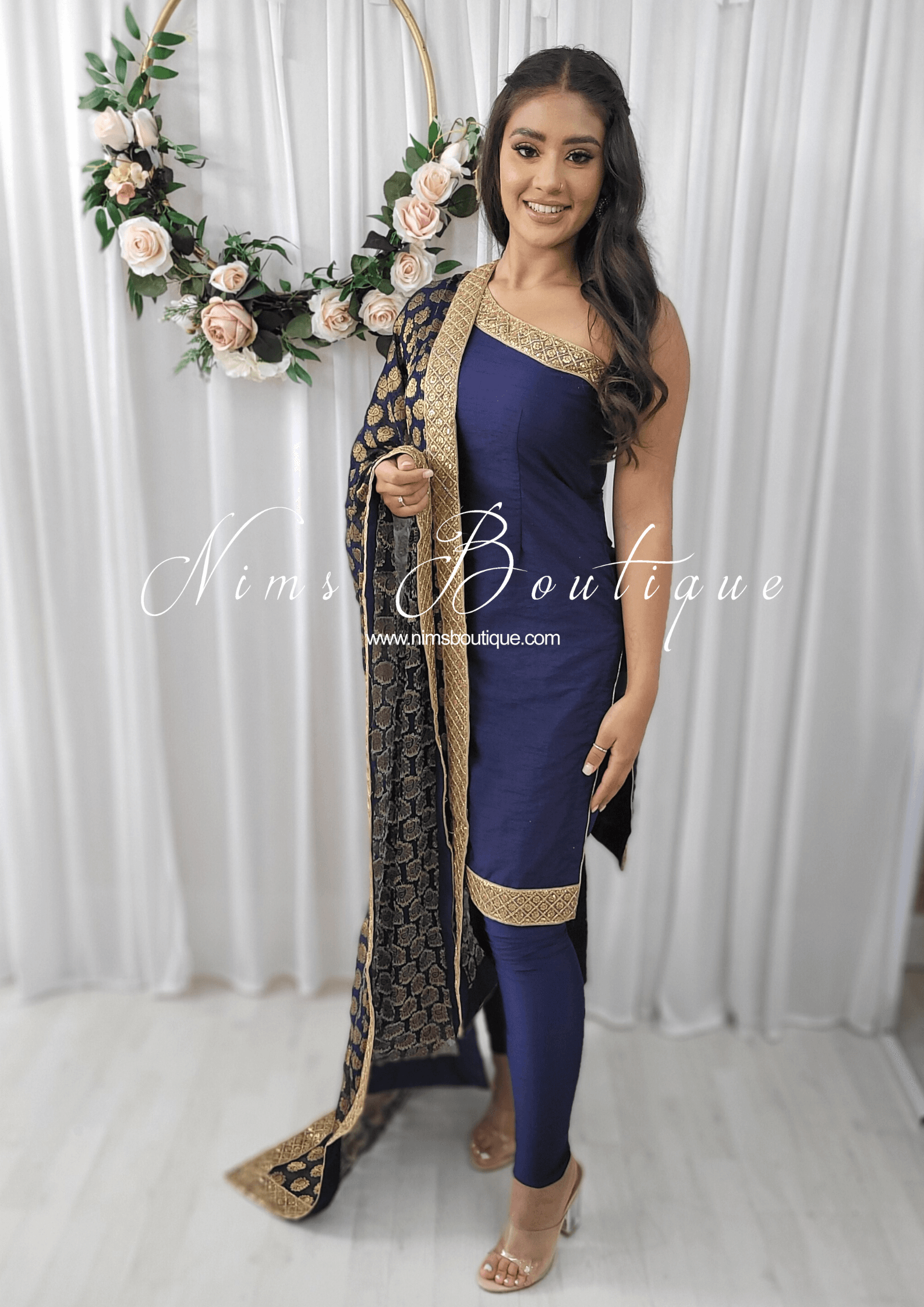Nims Boutique One Shoulder Silk Navy Pajami Suit sizes 4-16
