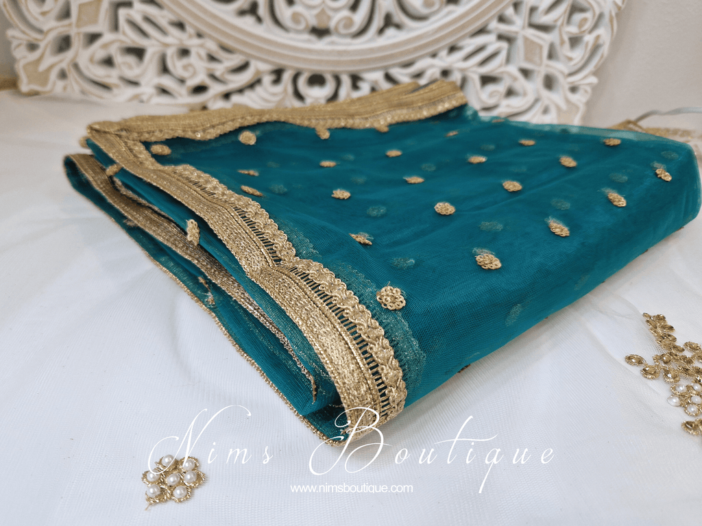 Nims Boutique Luxury Peacock Green Net Sequin Dupatta/Chunni LNS12