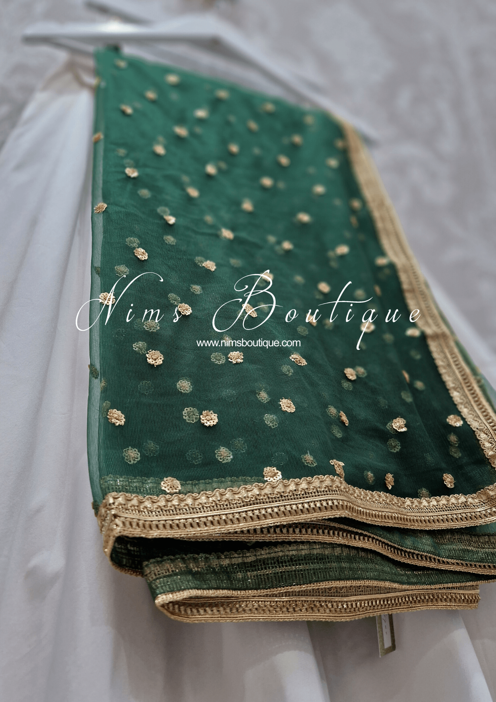 Nims Boutique Luxury Dark Green Net Sequin Dupatta/Chunni LNS2