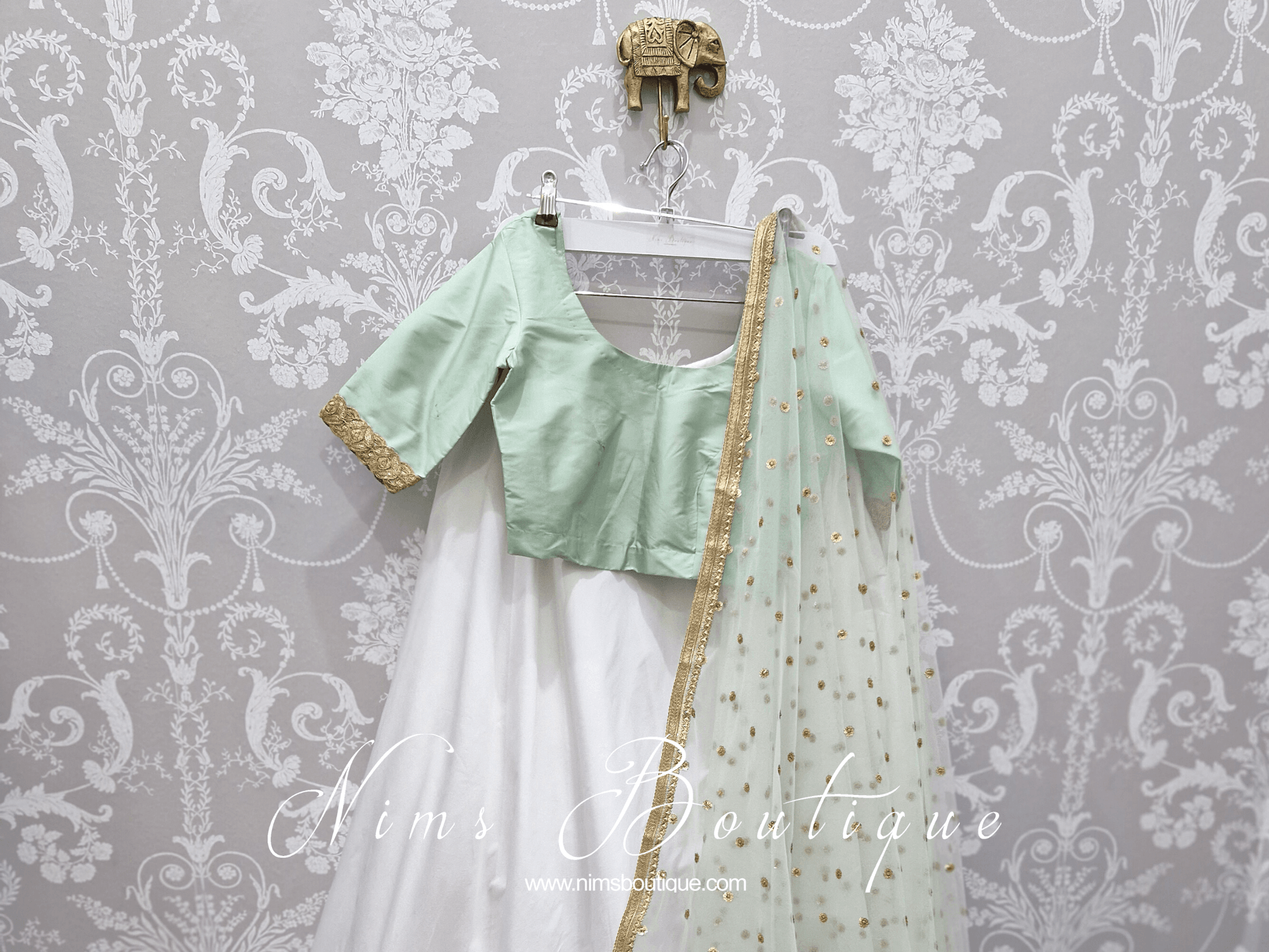 Nims Boutique Mint Pure Silk Scoop Neck Blouse with sleeves, gold edging size 4-20