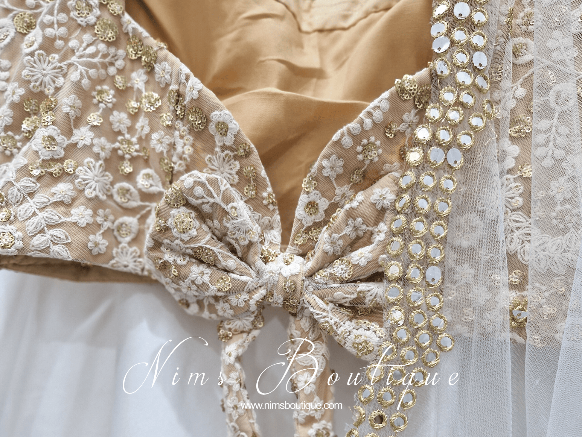 Nims Boutique Luxury NB Ivory & Gold Sequin Bow Blouse size 4-20