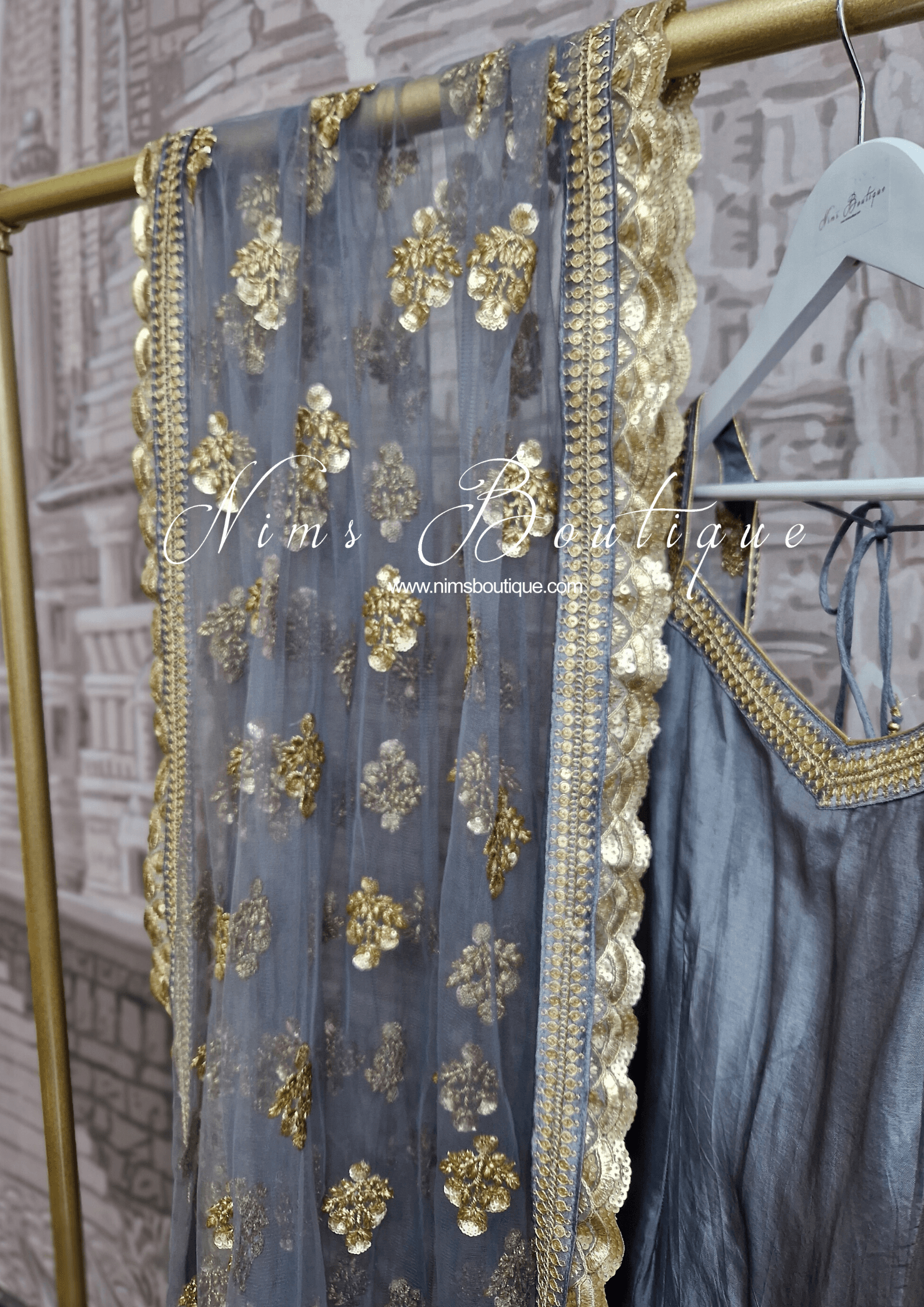 Nims Boutique The NB Classic Long Sleeved Grey Silk Pajami Suit sizes 14 to 22