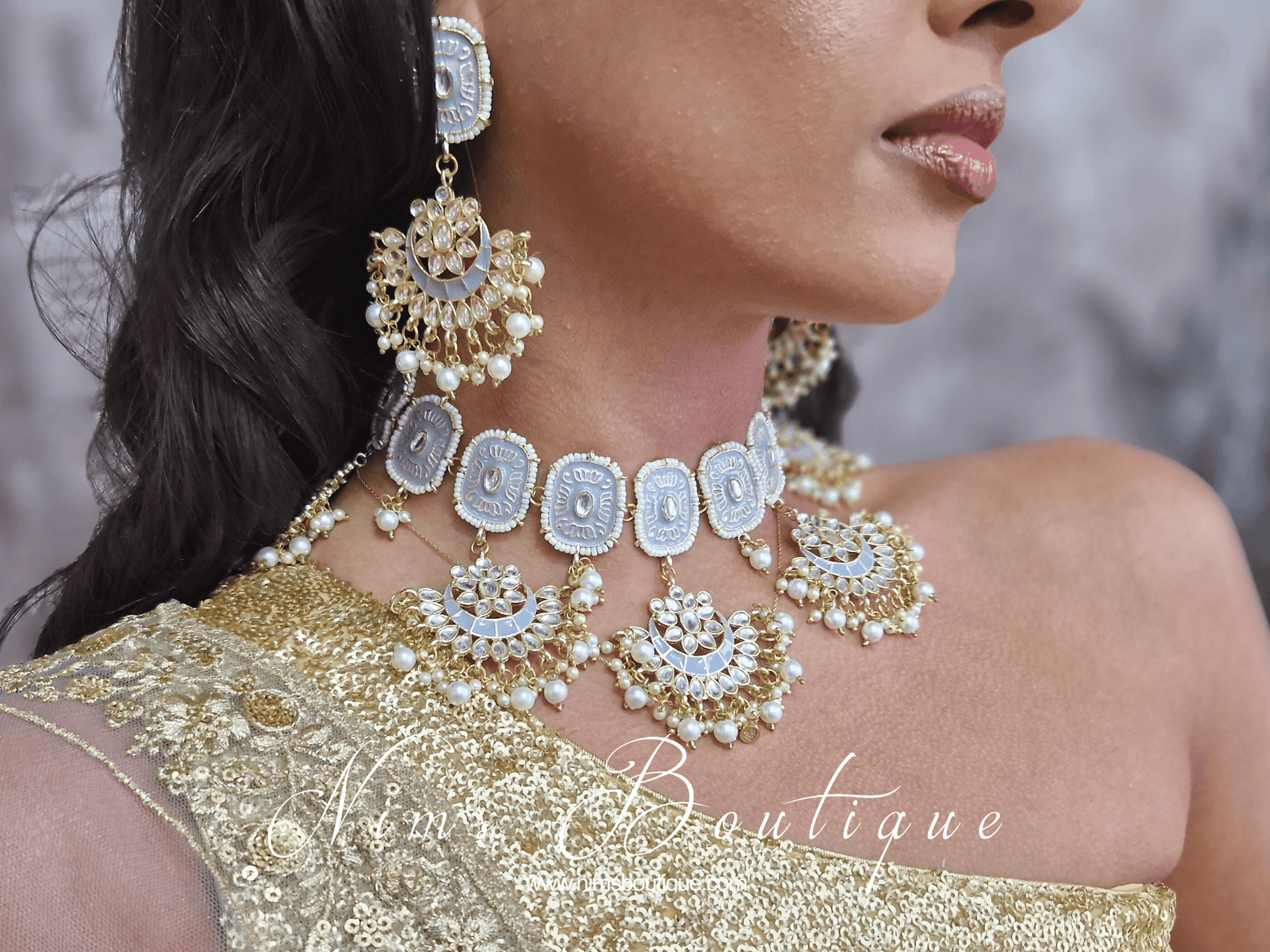 Nims Boutique Mishka Light Grey Blossom Meenakari Set