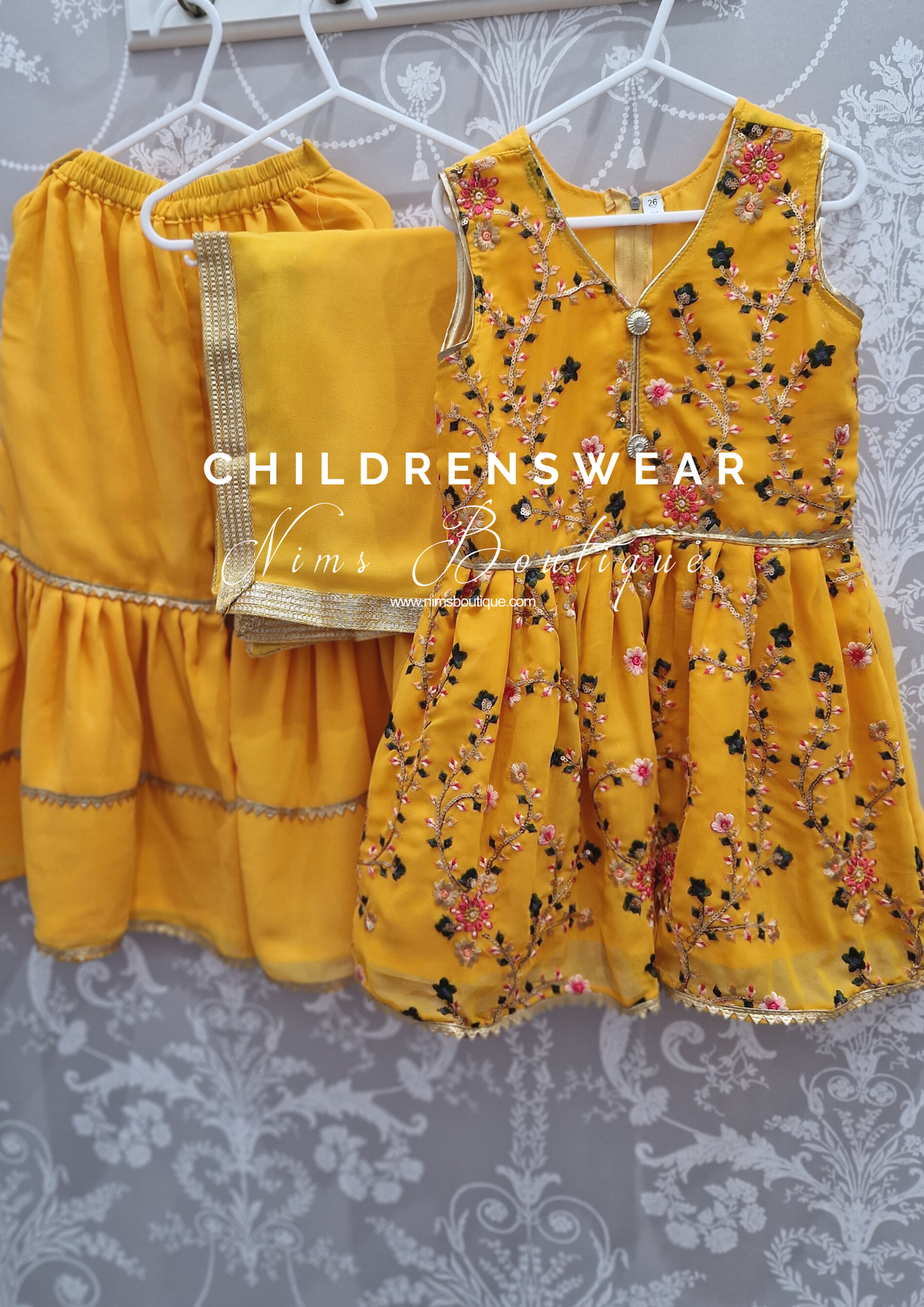 Yellow Embroidered Kids Sharara Suit